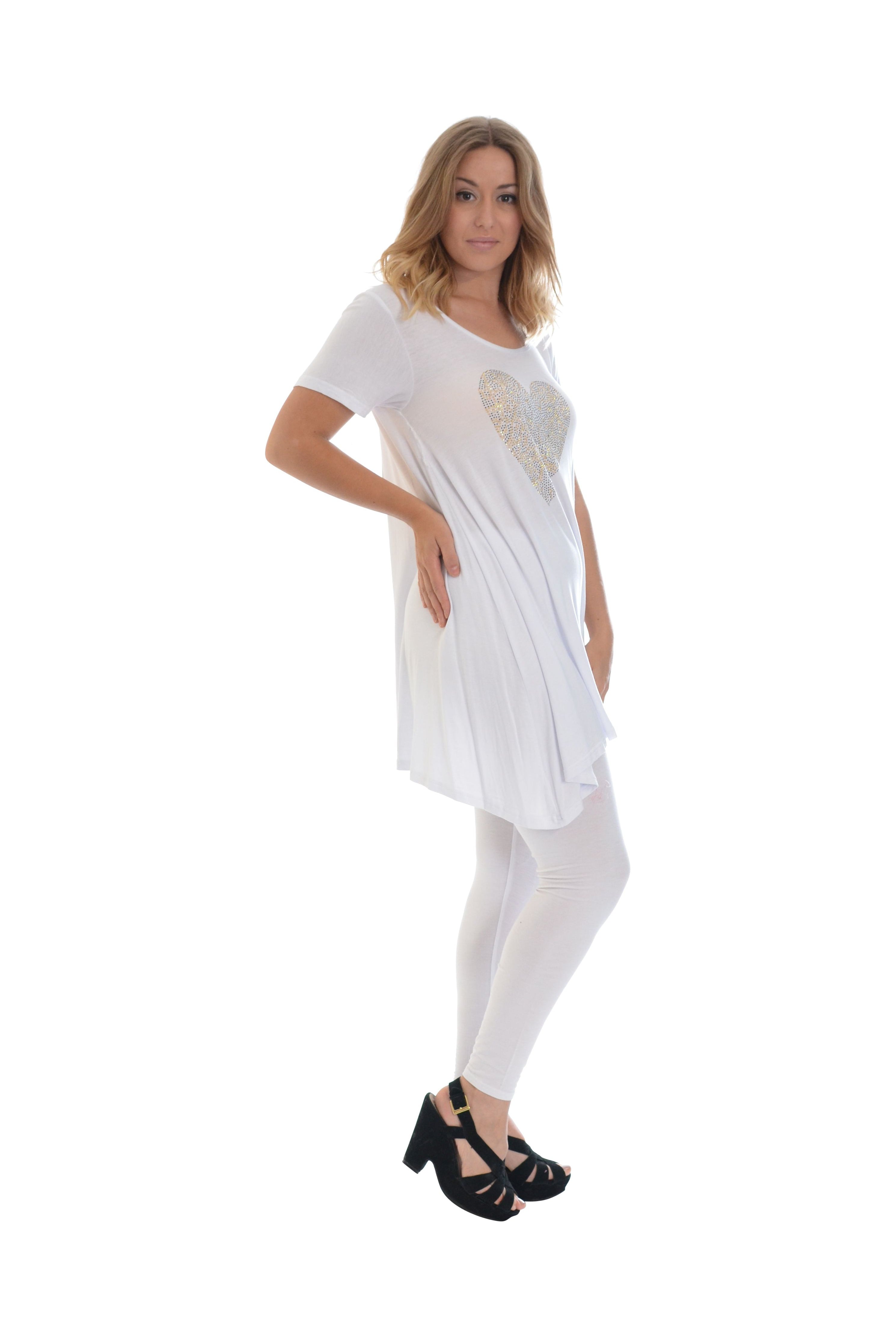 Leopard Print Studded Heart Hanky Hem Short Sleeve Top Apparel & Accessories WearAll