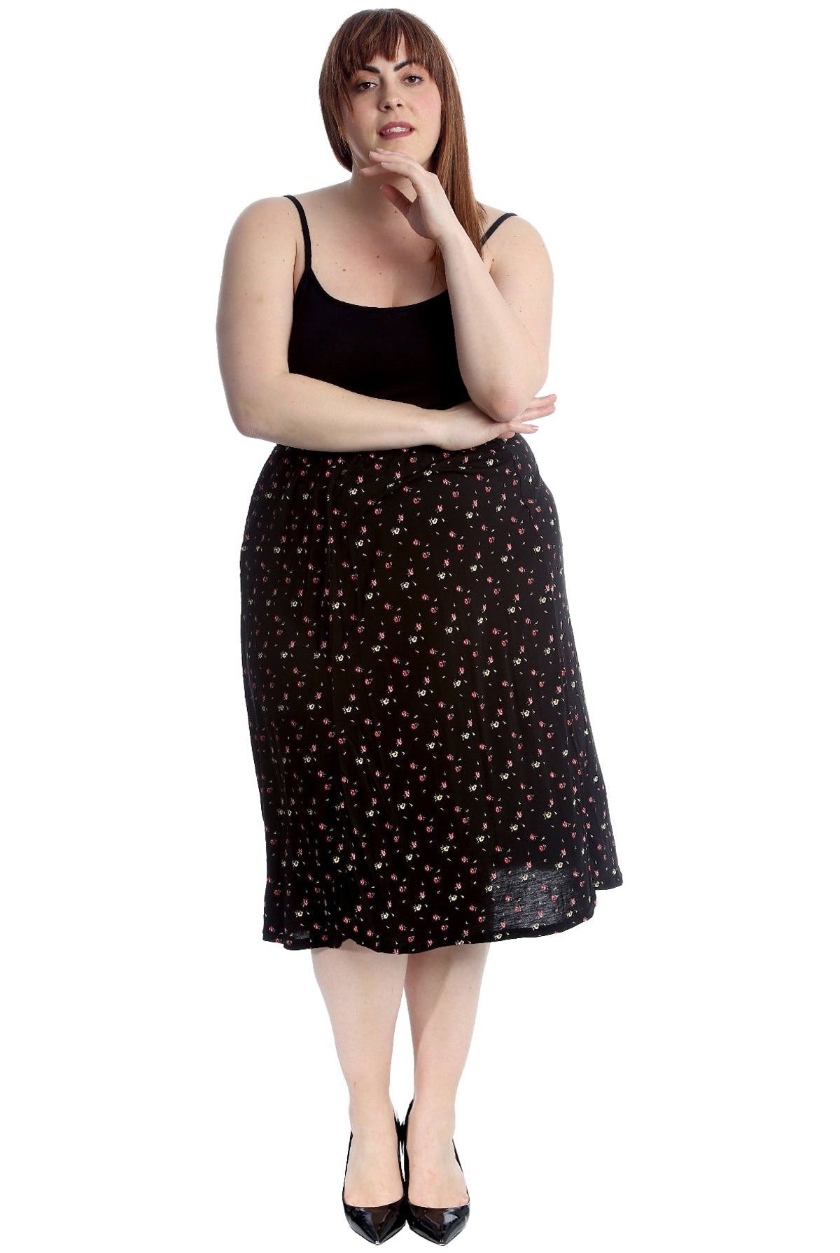 Plus Size Yellow Floral Print Midi Skirt Skirt WearAll