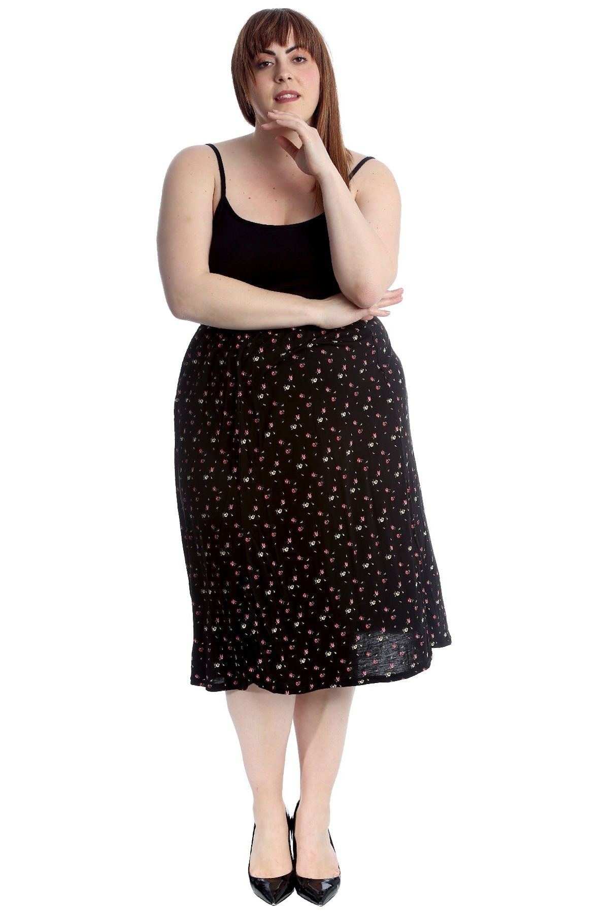 Plus Size Yellow Floral Print Midi Skirt Skirt WearAll