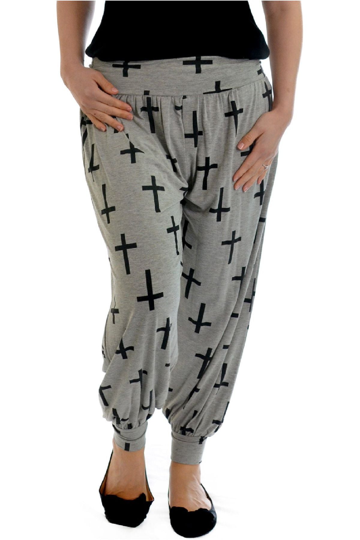 Cross Print Harem Trousers Trousers WearAll Grey Cross 8-10