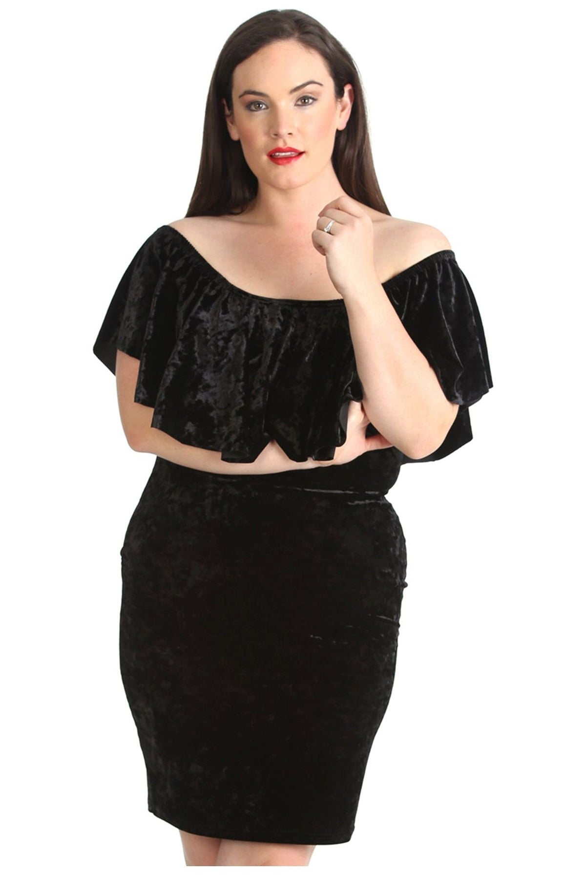Plus Size Velvet Frill Top Midi Dress Dress WearAll Black 14