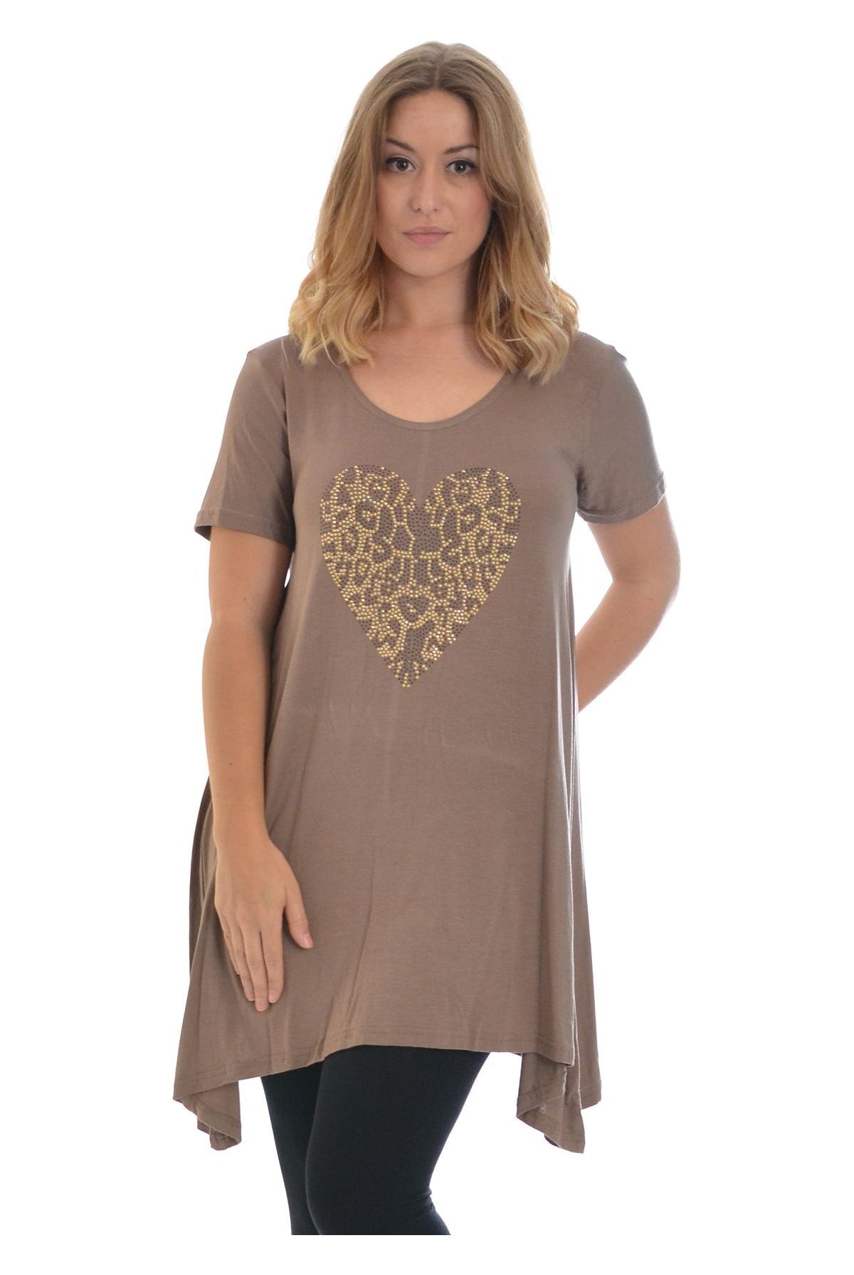 Leopard Print Studded Heart Hanky Hem Short Sleeve Top Apparel & Accessories WearAll