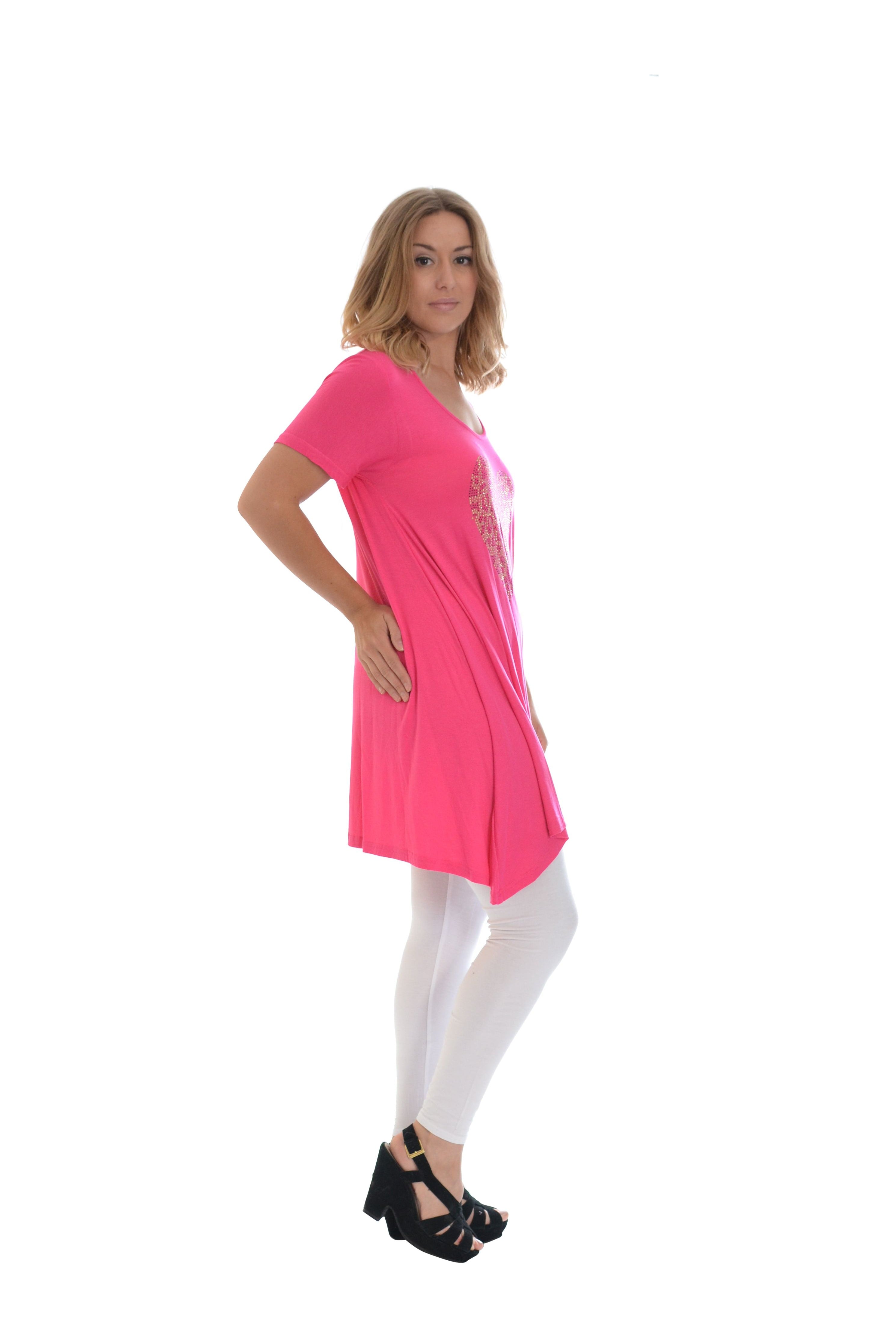 Leopard Print Studded Heart Hanky Hem Short Sleeve Top Apparel & Accessories WearAll