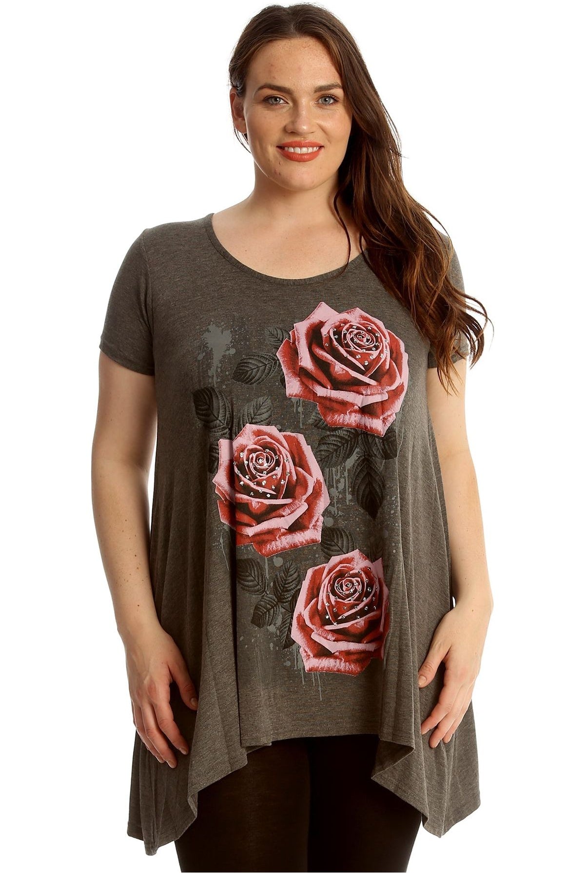 Three Rose Print Hanky Hem Short Sleeve Top Apparel & Accessories WearAll