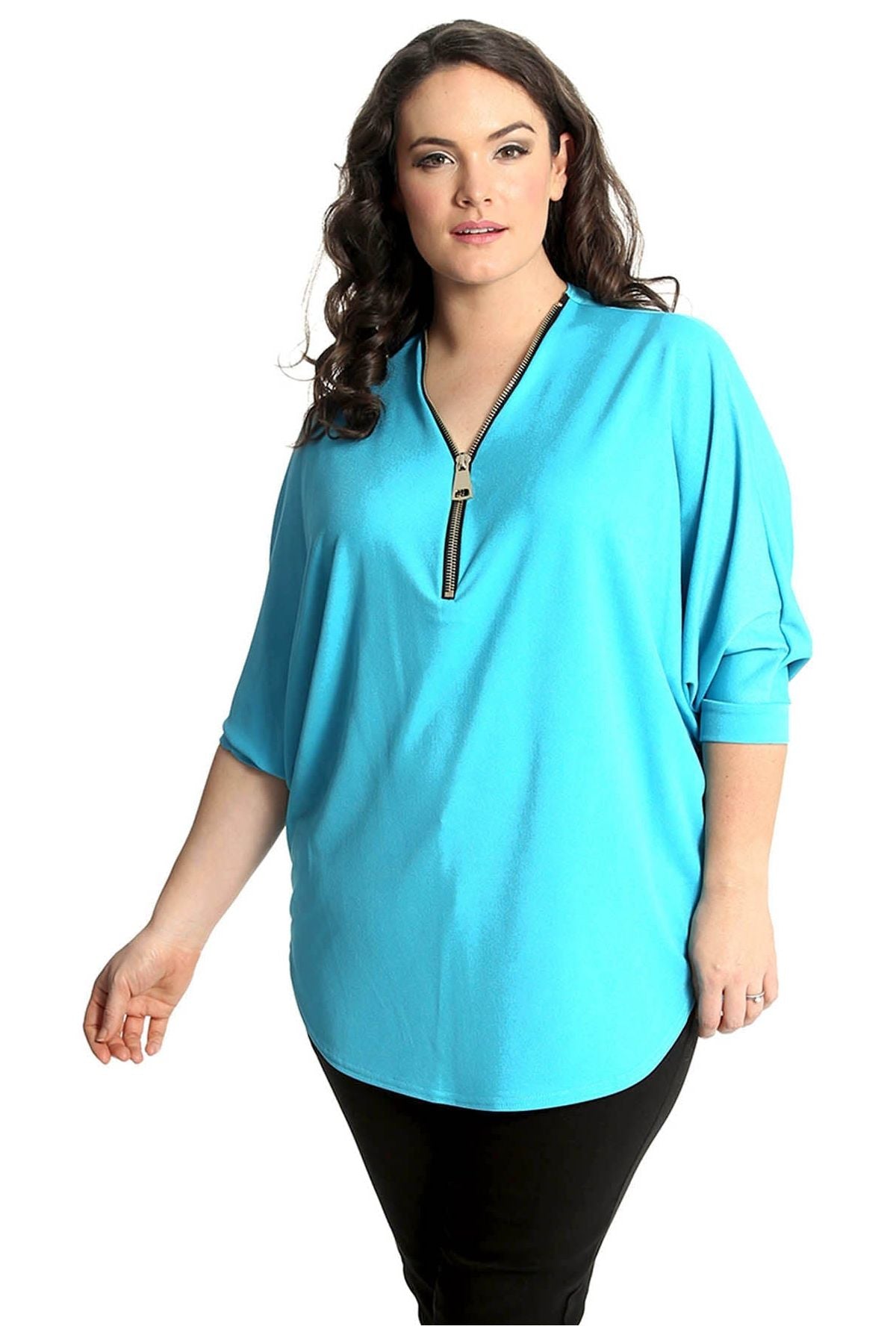 Zip Curved Hem V-Neck Batwing Sleeve Top Tops WearAll