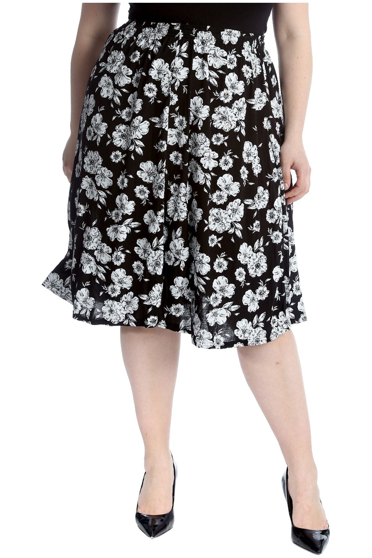 Plus Size Floral Print Midi Skirt Skirt WearAll Black White 16-18
