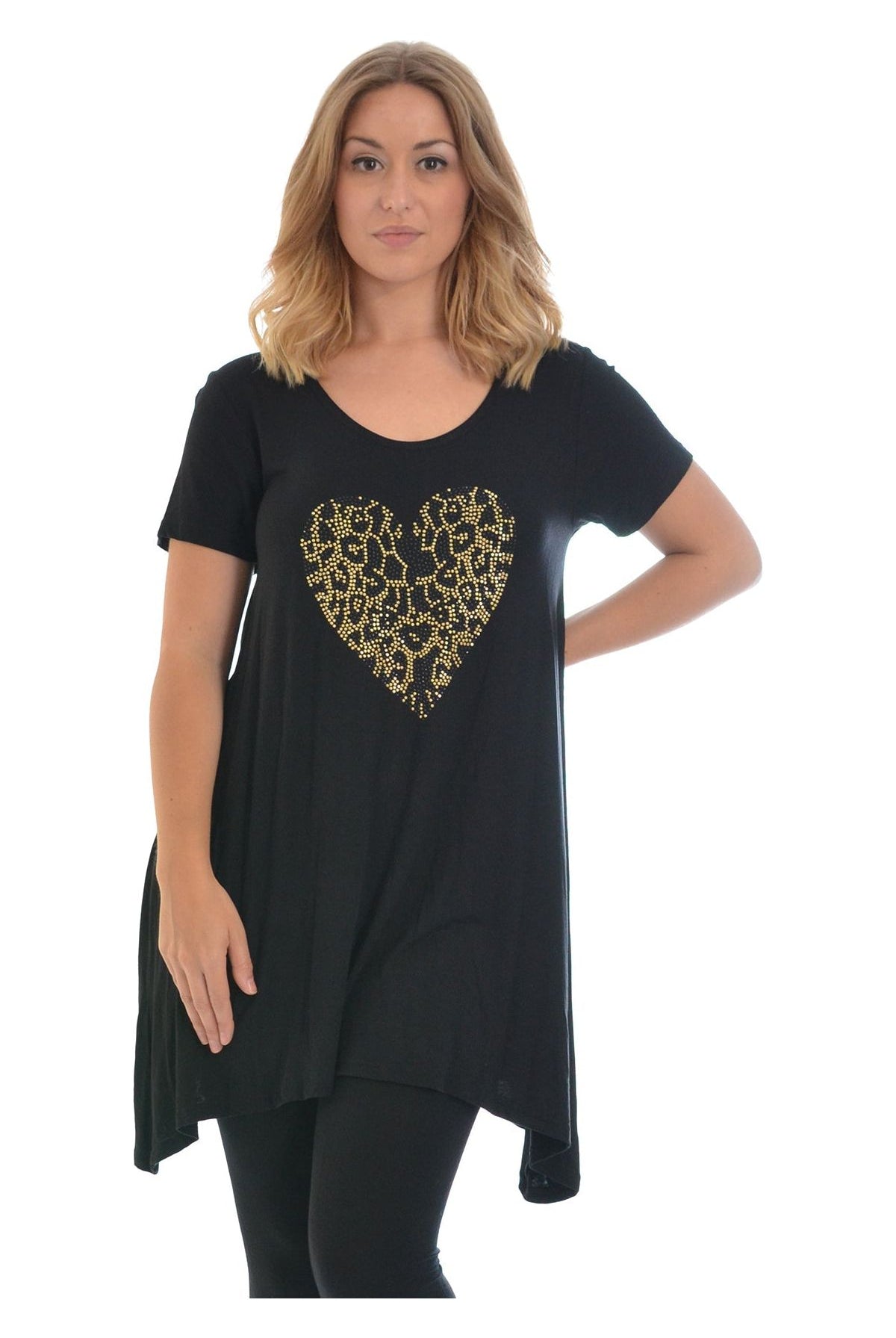 Leopard Print Studded Heart Hanky Hem Short Sleeve Top Apparel & Accessories WearAll Black 14