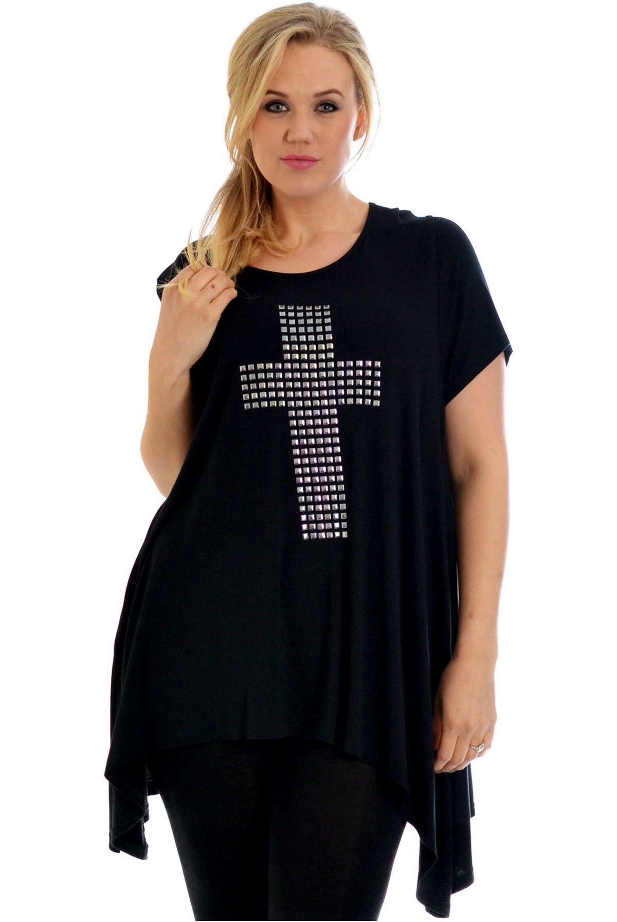 Cross Metallic Stud Hanky Hem Short Sleeve Top Apparel & Accessories WearAll Black 16