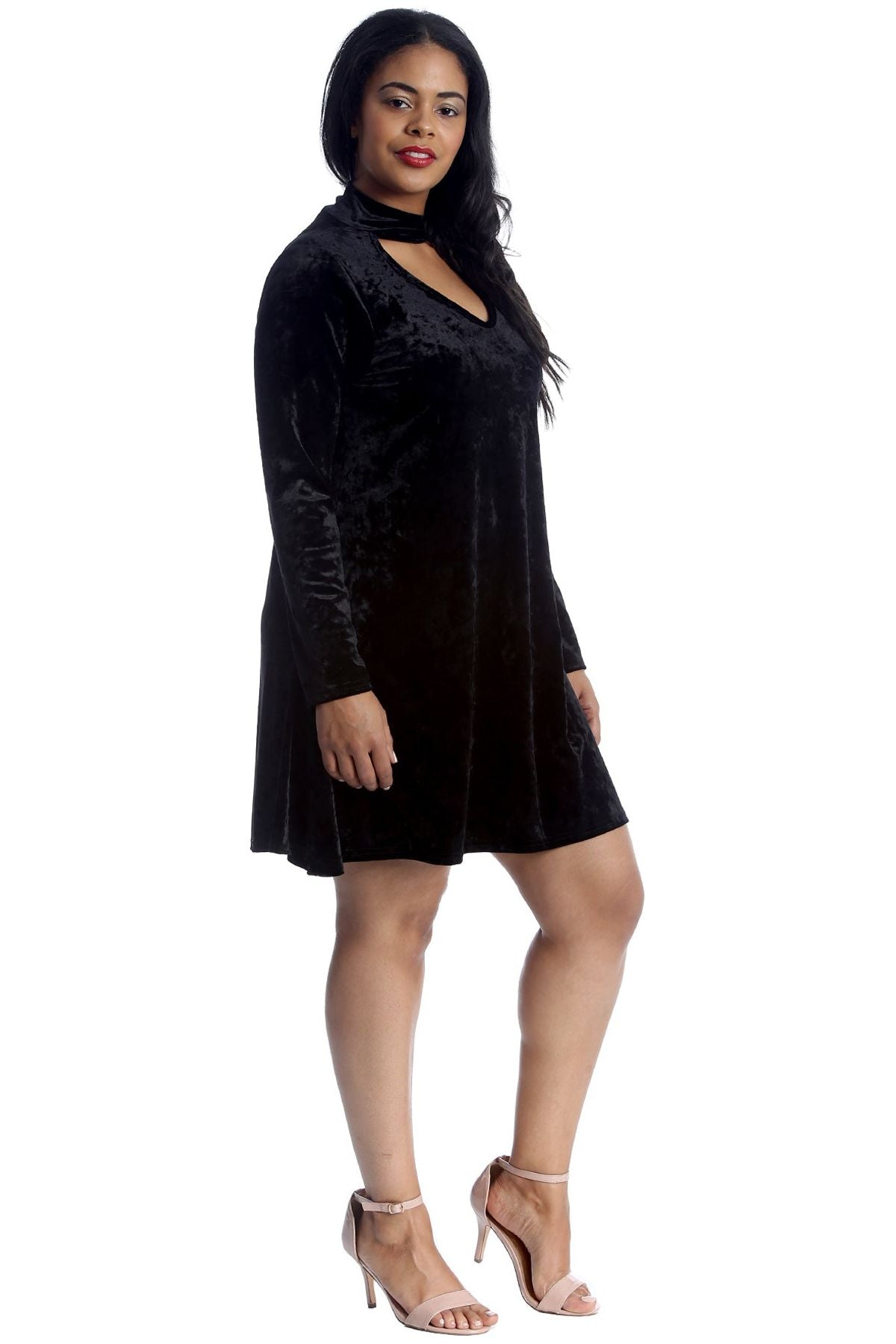 Plus Size Velour Velvet Long Sleeve Choker V-Neck Dress Dress WearAll