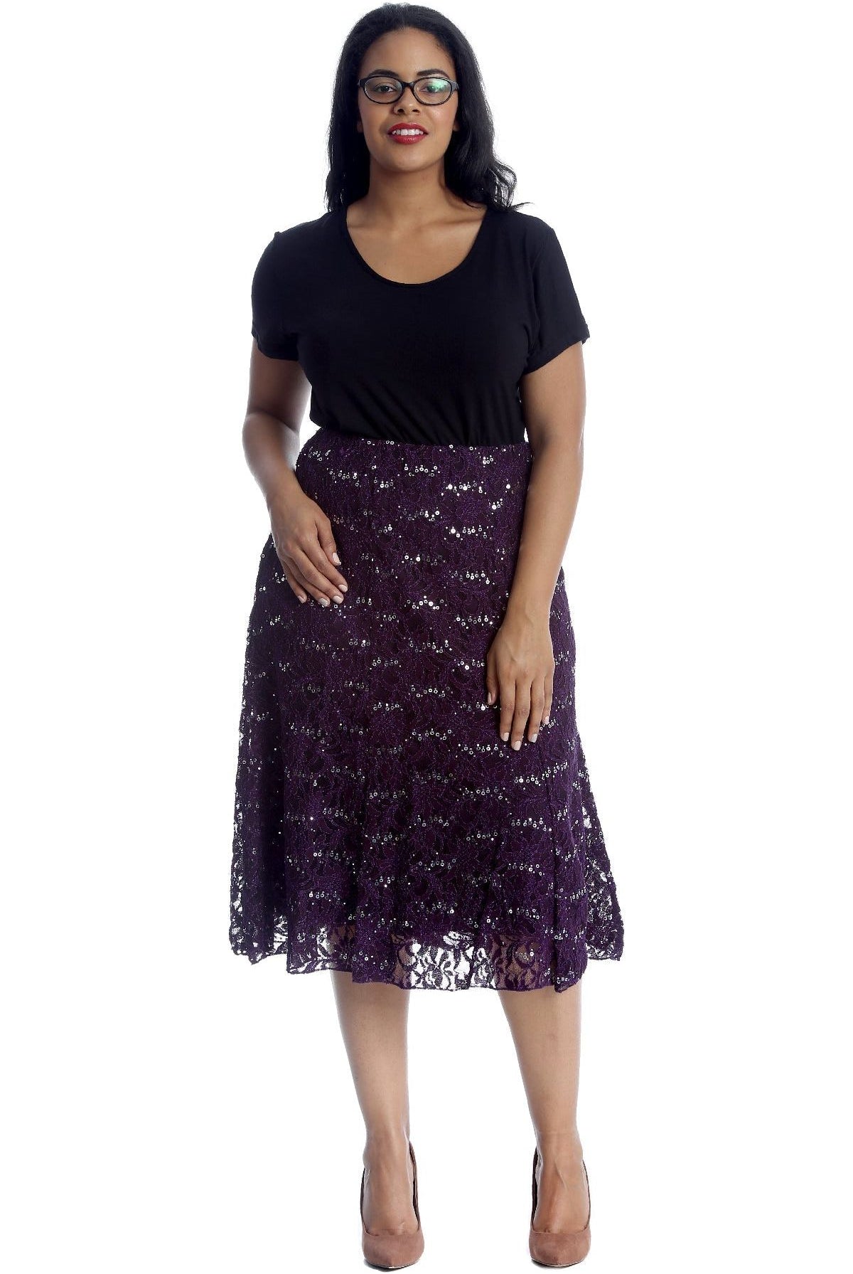 Floral Lace Lined Sequin Flared Midi Skirt Skirt WearAll