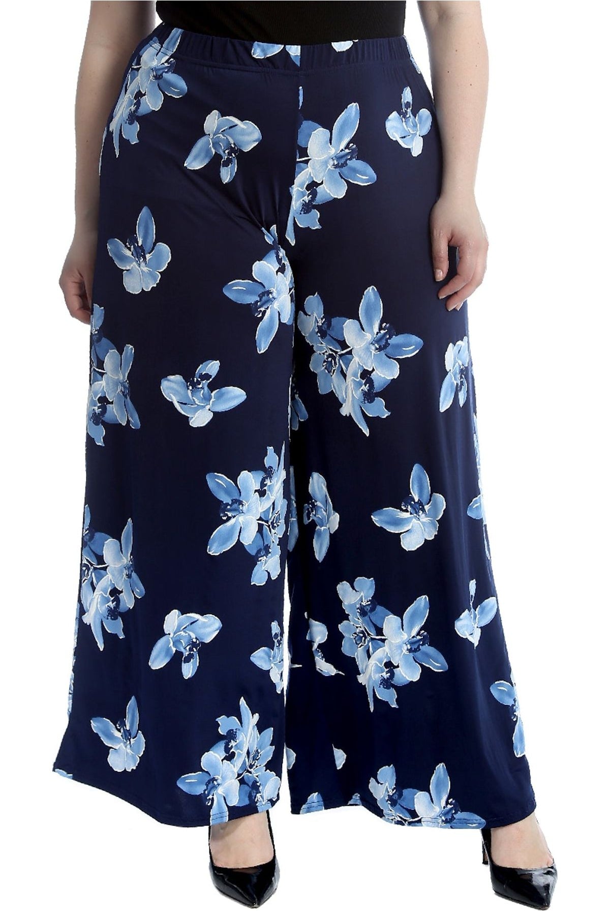 Plus Size Floral Print Palazzo Trouser Palazzo WearAll Navy Blue 20-22