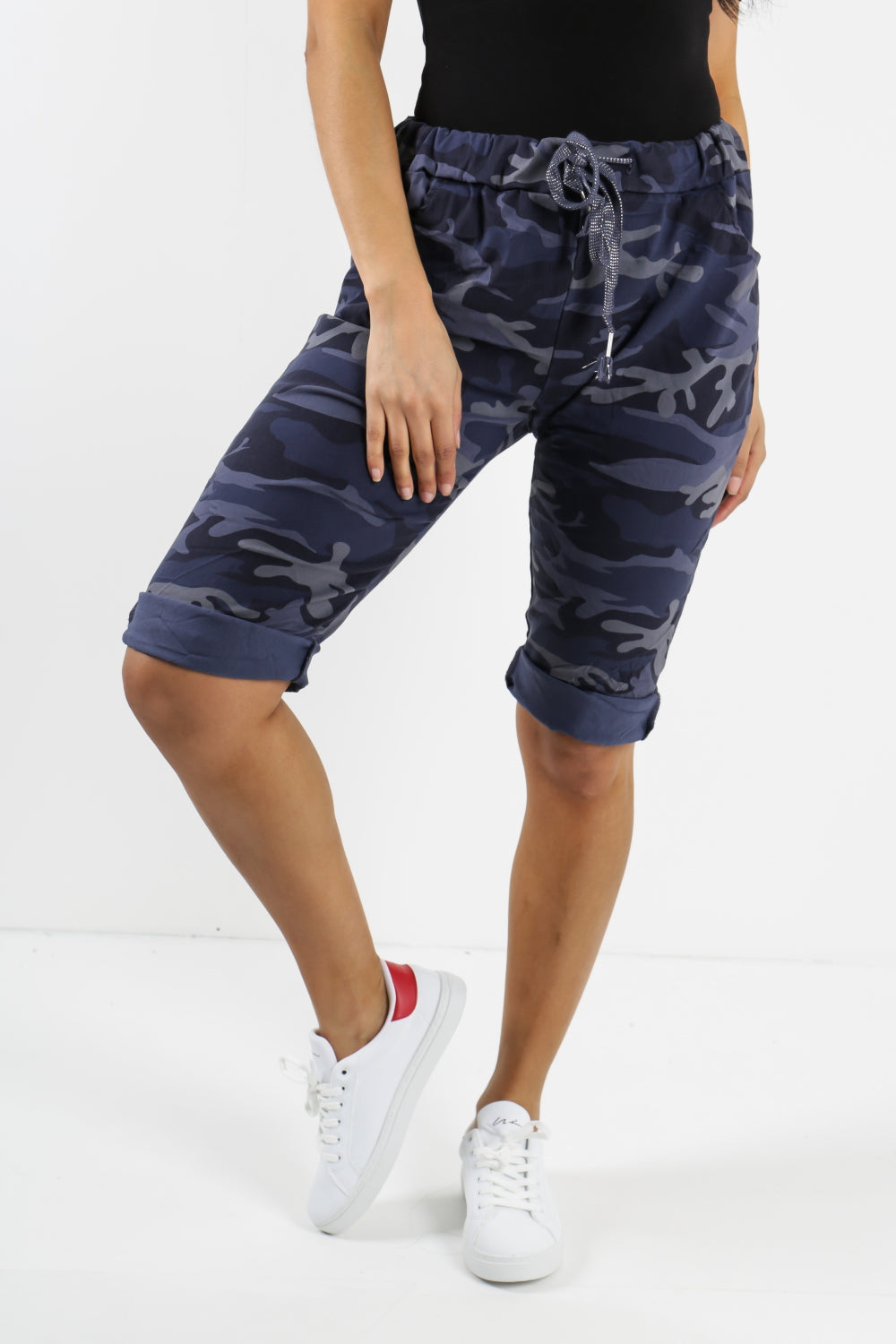 Ladies Italian Stretch Shorts Women's camouflage Plain Magic Comfy Lagenlook Hot Pants 8-22 Skirts & Shorts WearAll Navy 8