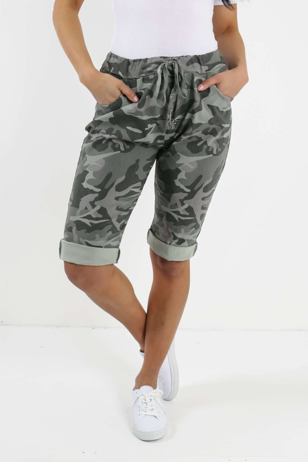 Ladies Italian Stretch Shorts Women's camouflage Plain Magic Comfy Lagenlook Hot Pants 8-22 Skirts & Shorts WearAll Khaki 8