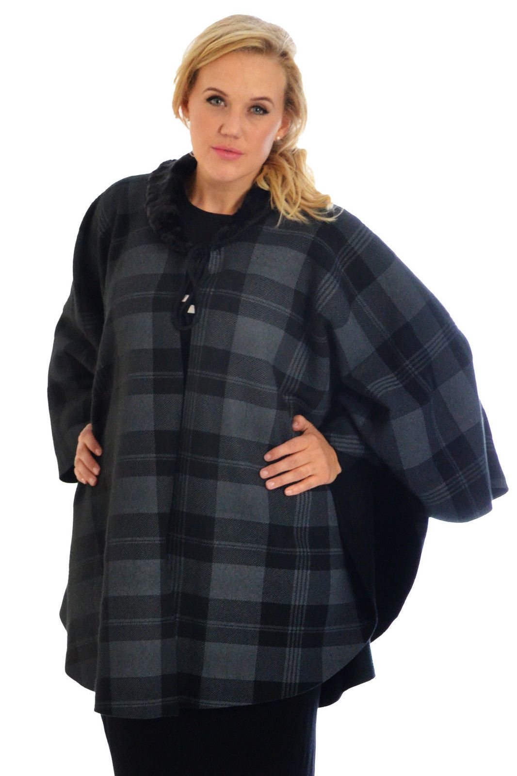 Faux Fur Check Tartan Cape Shawl Poncho Tops WearAll