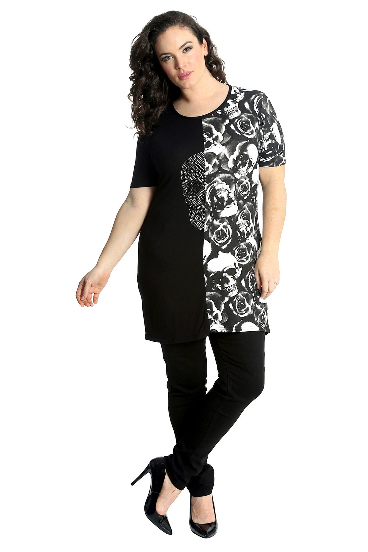 Split Skull Roses Print T-Shirt Tops WearAll