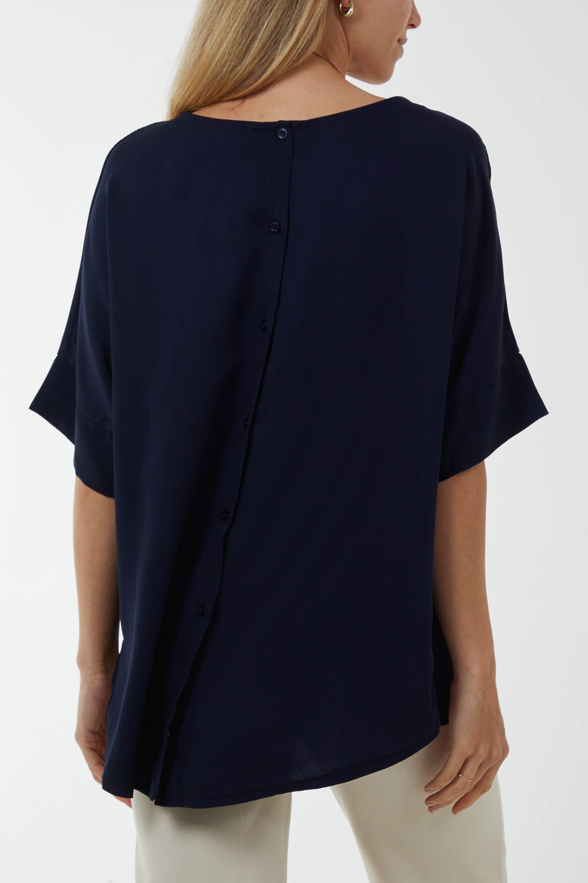 Button Back Asymmetric Necklace Top Tops WearAll