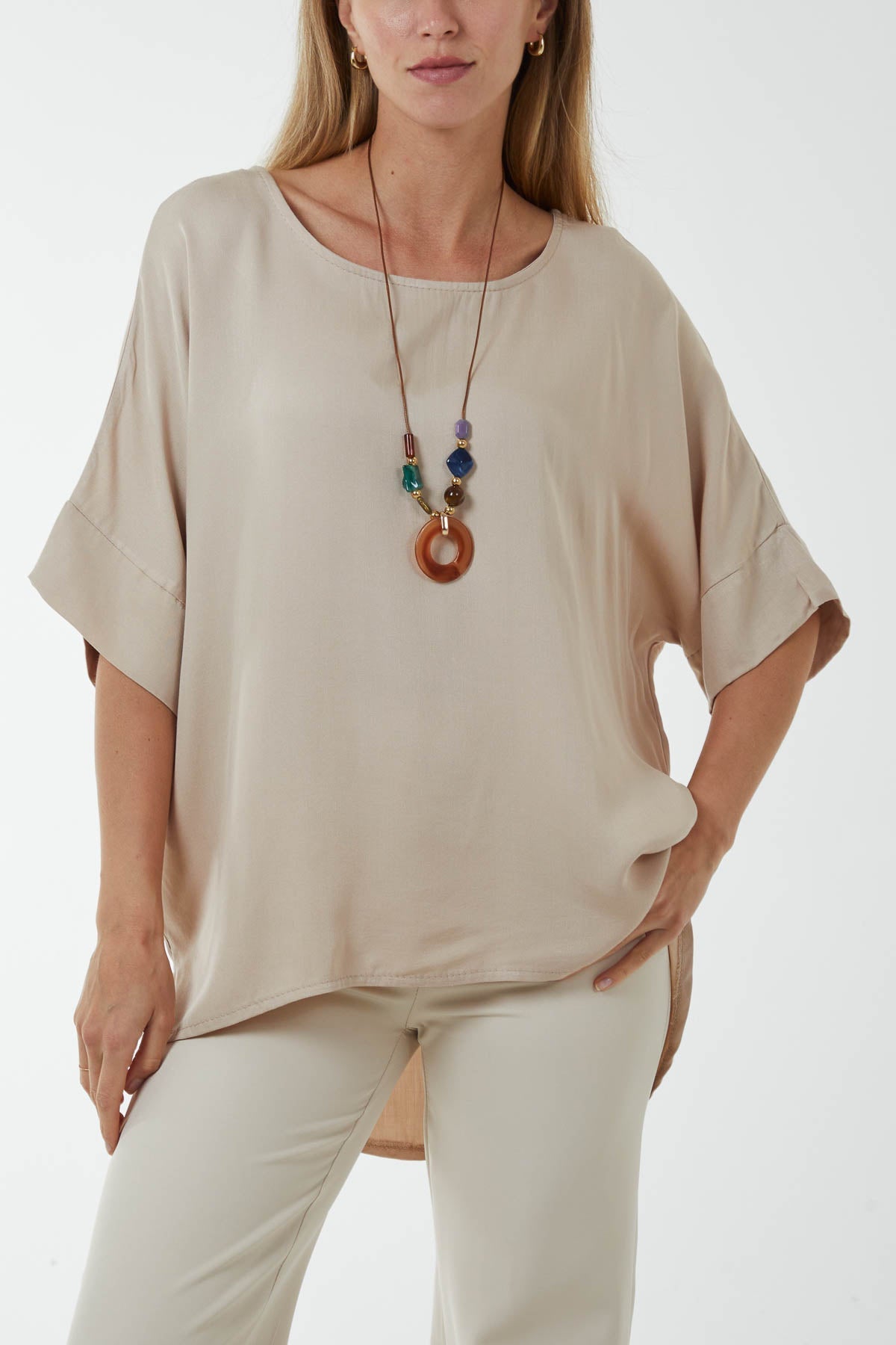 Button Back Asymmetric Necklace Top Tops WearAll Stone One Size