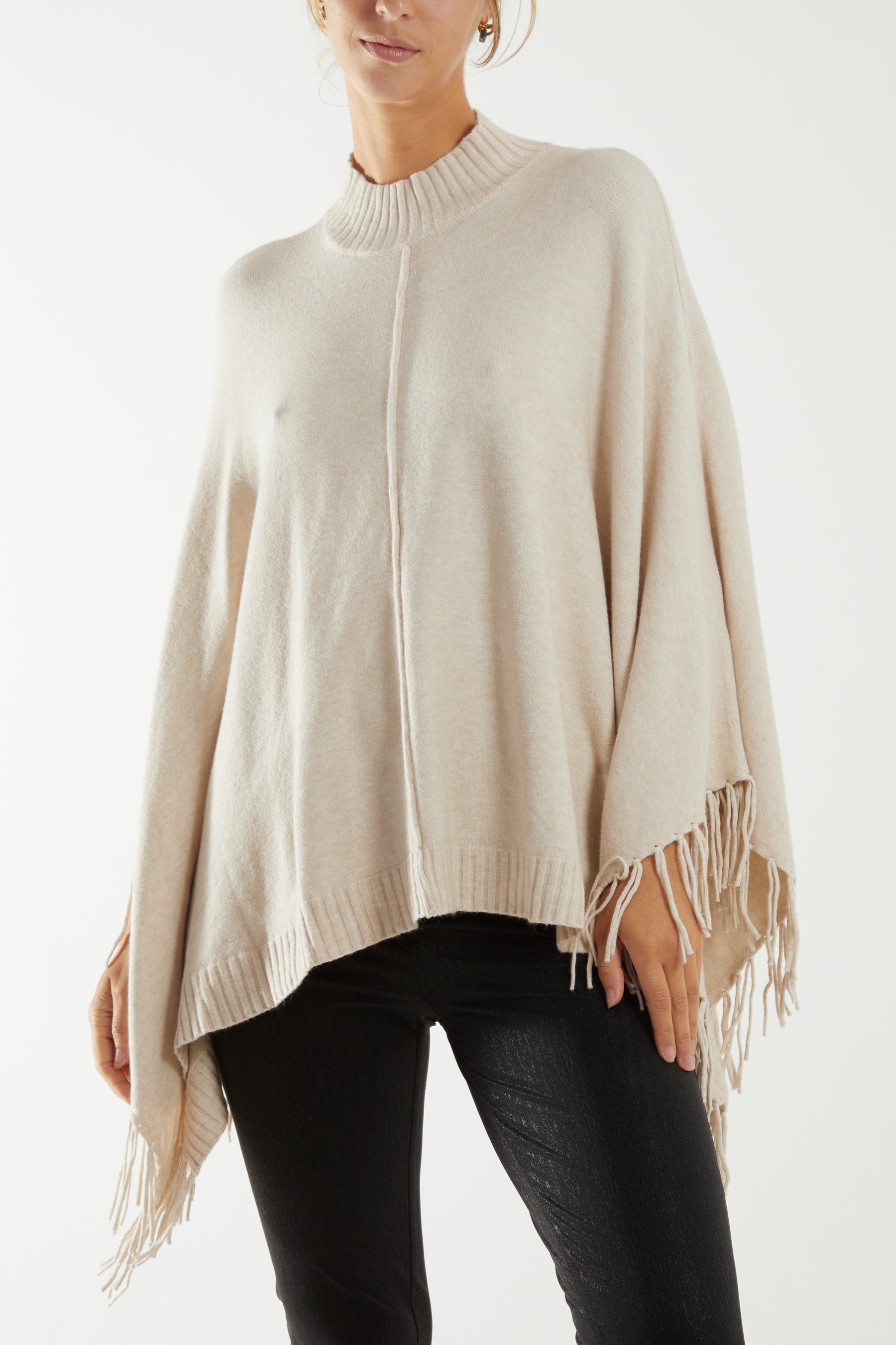 Turtle Neck Fringed Poncho Ponchos WearAll