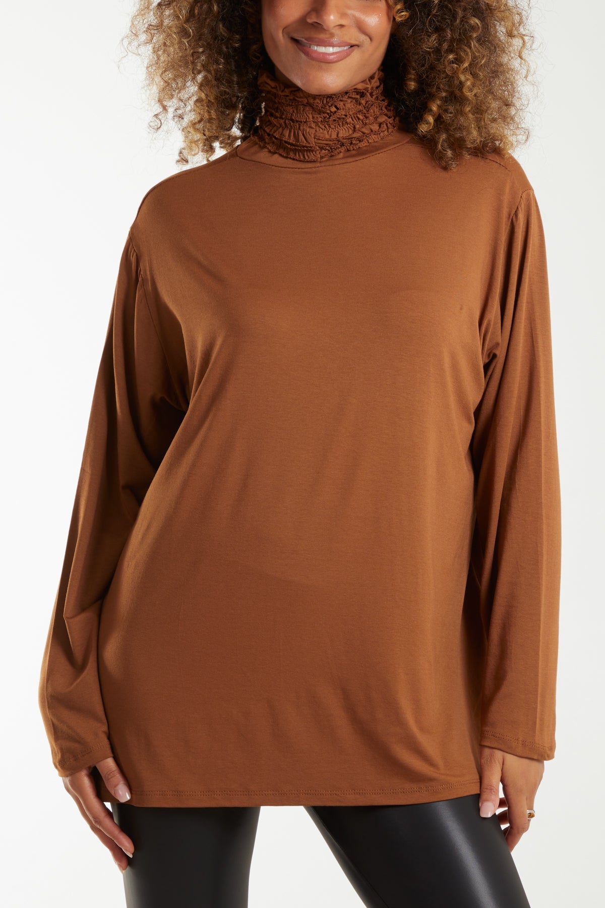 Long Sleeve Frill Turtle Neck Top Tops WearAll Tan One Size