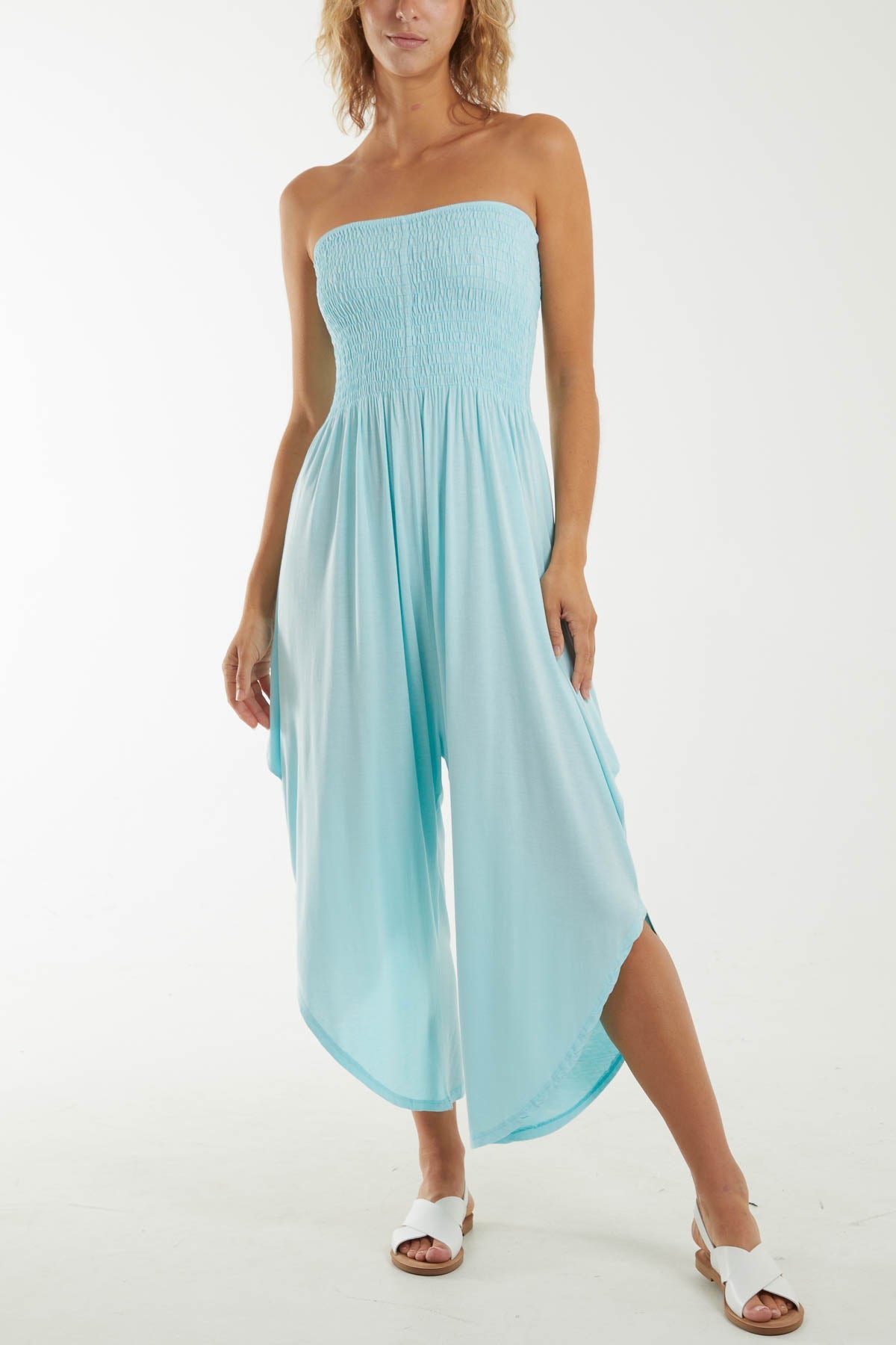 Shirred Top Asymmetric Hem Strapless Jumpsuit Dresses WearAll Light Blue One Size