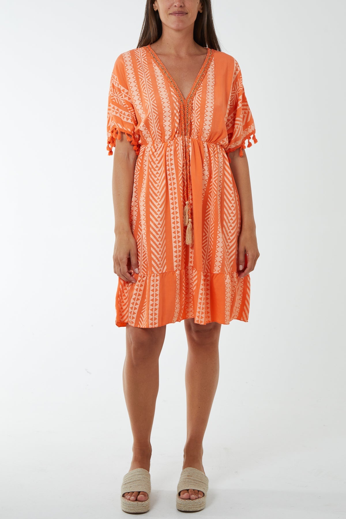 Aztec Print Mini Dress with Tassels Dresses WearAll Orange One Size