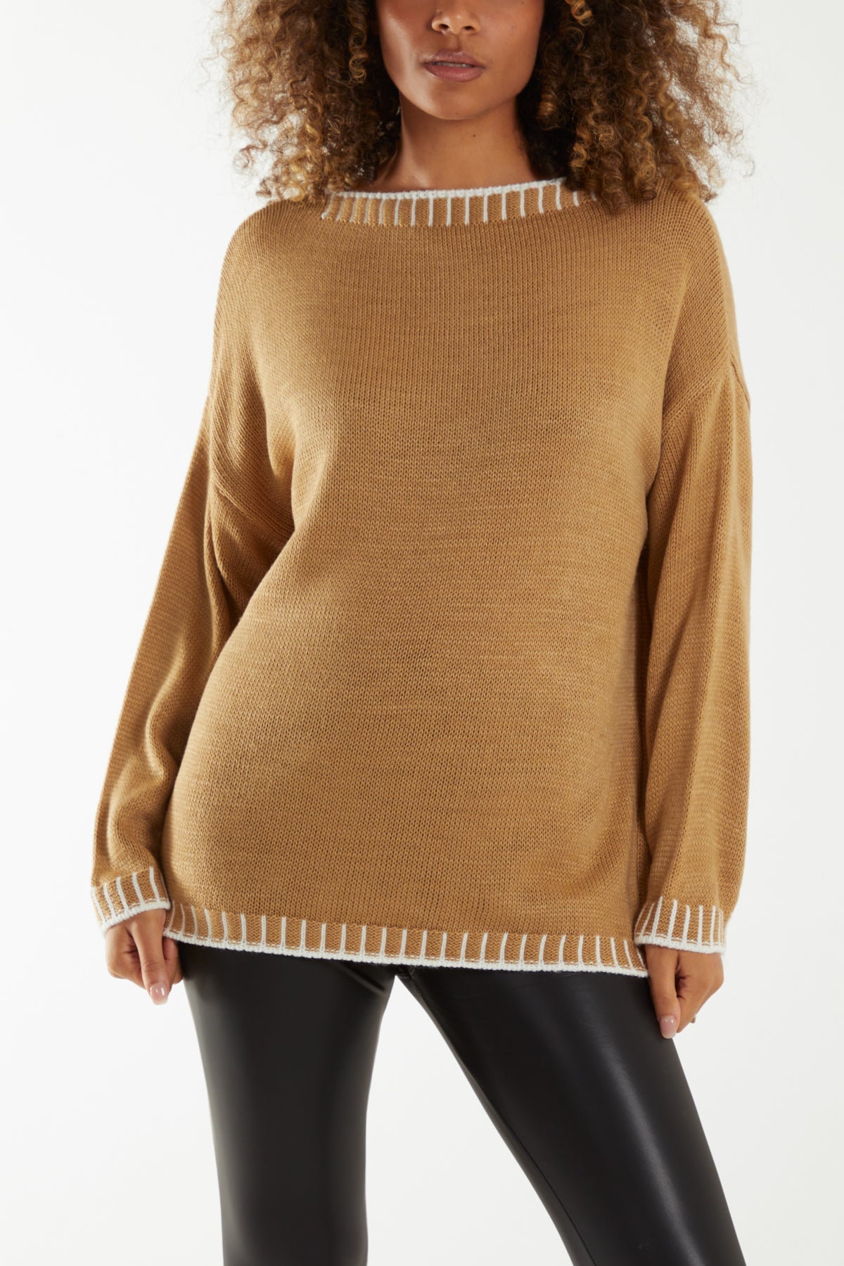 Stitch Edge Round Neck Jumper Jumpers WearAll Camel One Size