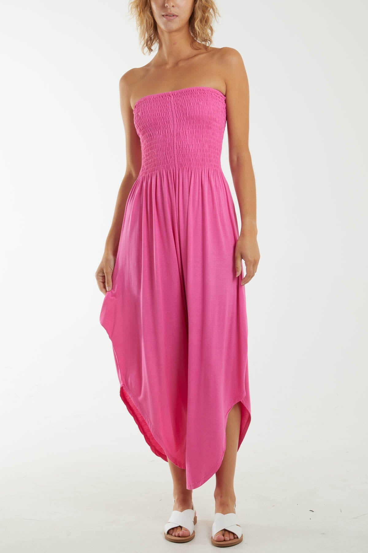 Shirred Top Asymmetric Hem Strapless Jumpsuit Dresses WearAll Hot Pink One Size