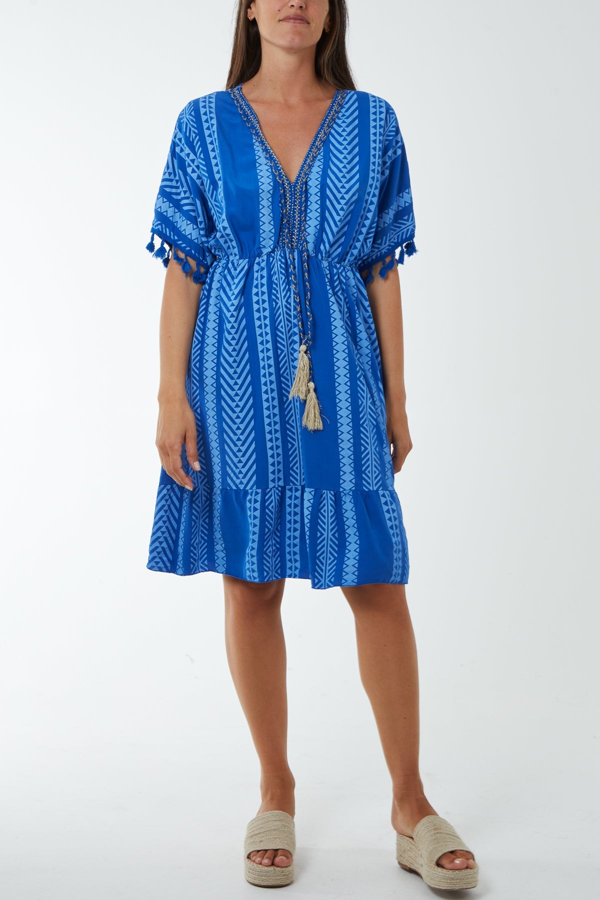 Aztec Print Mini Dress with Tassels Dresses WearAll Royal Blue One Size