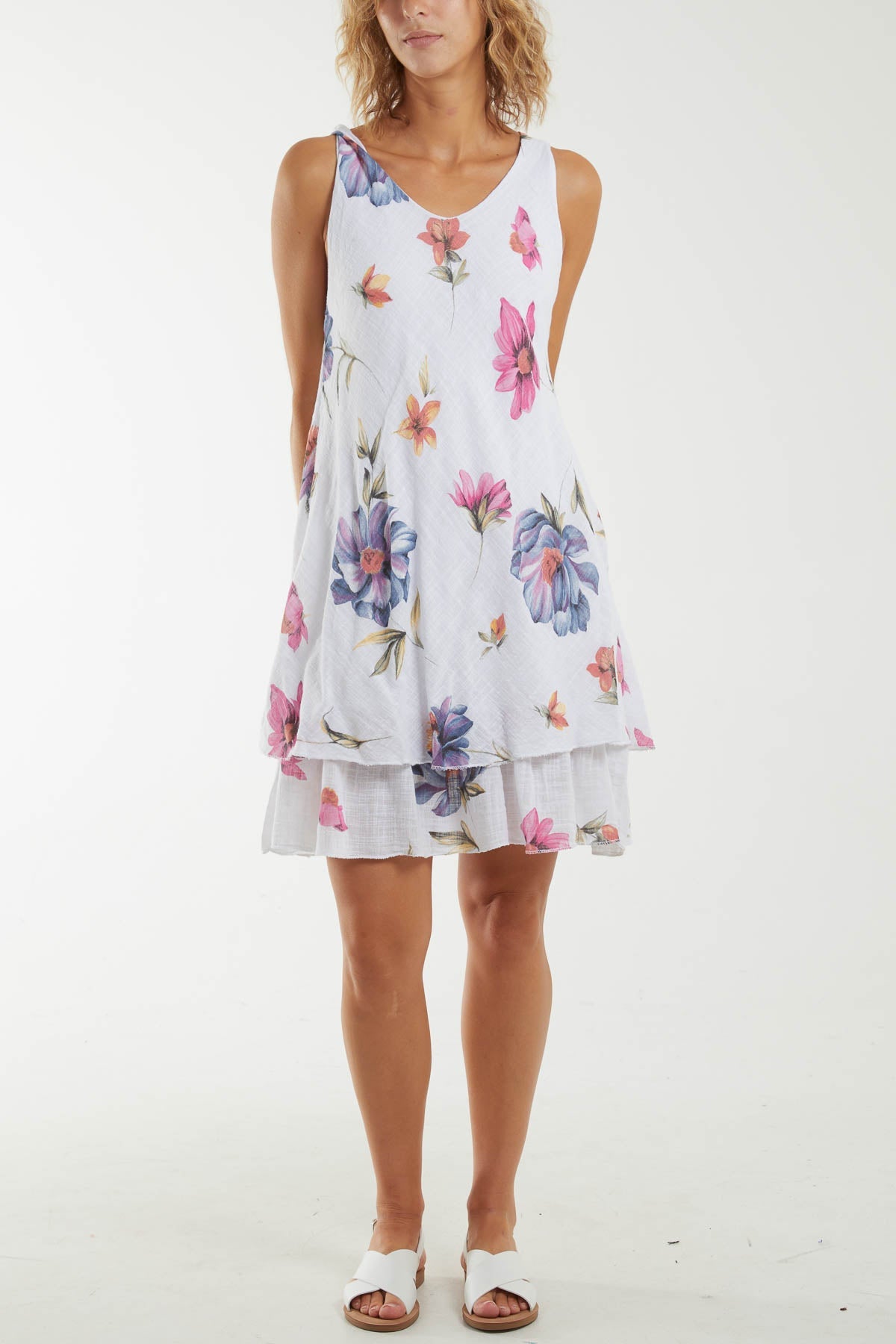 Floral Double Layer Sleeveless Dress Dresses WearAll White One Size