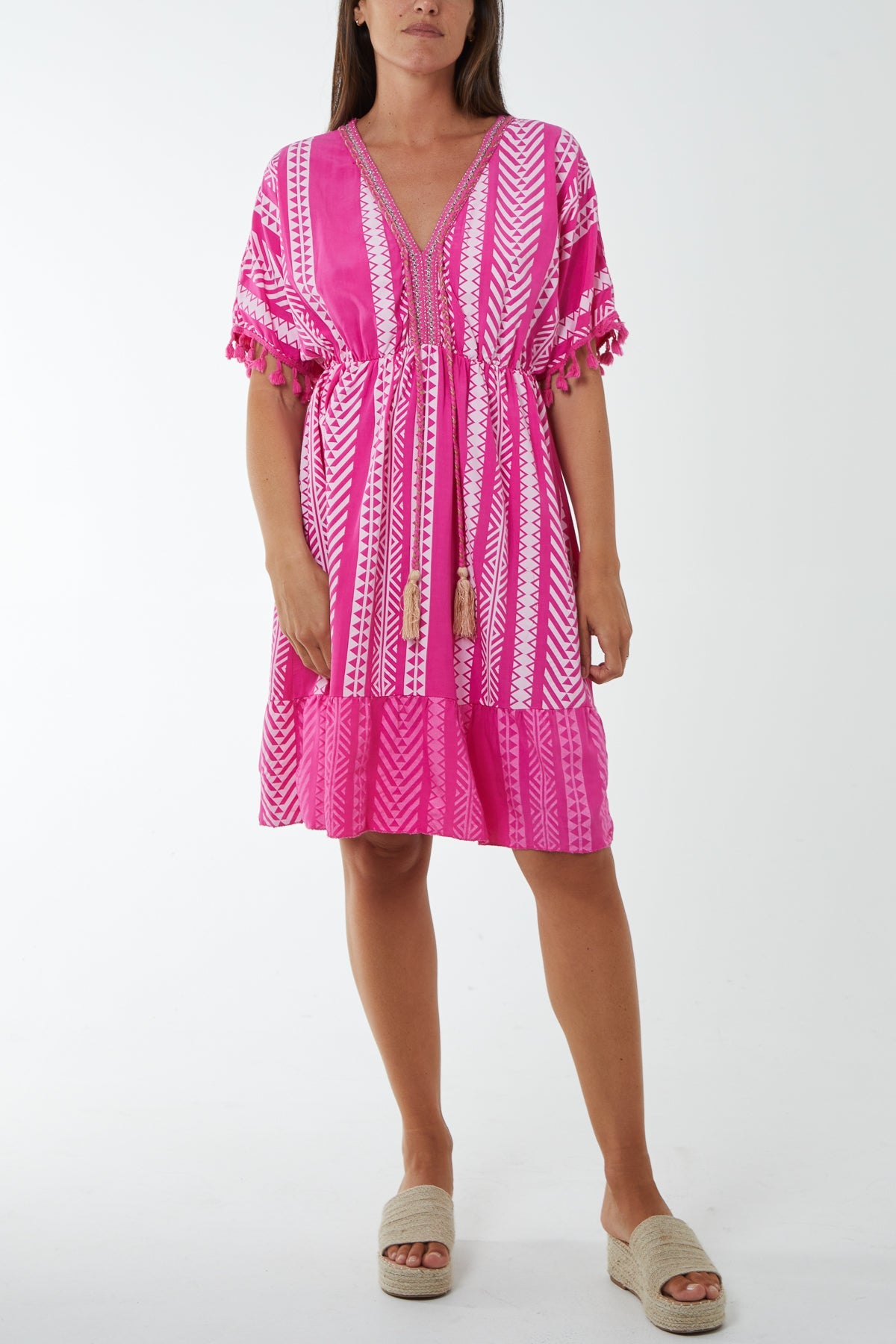 Aztec Print Mini Dress with Tassels Dresses WearAll Fuchsia One Size