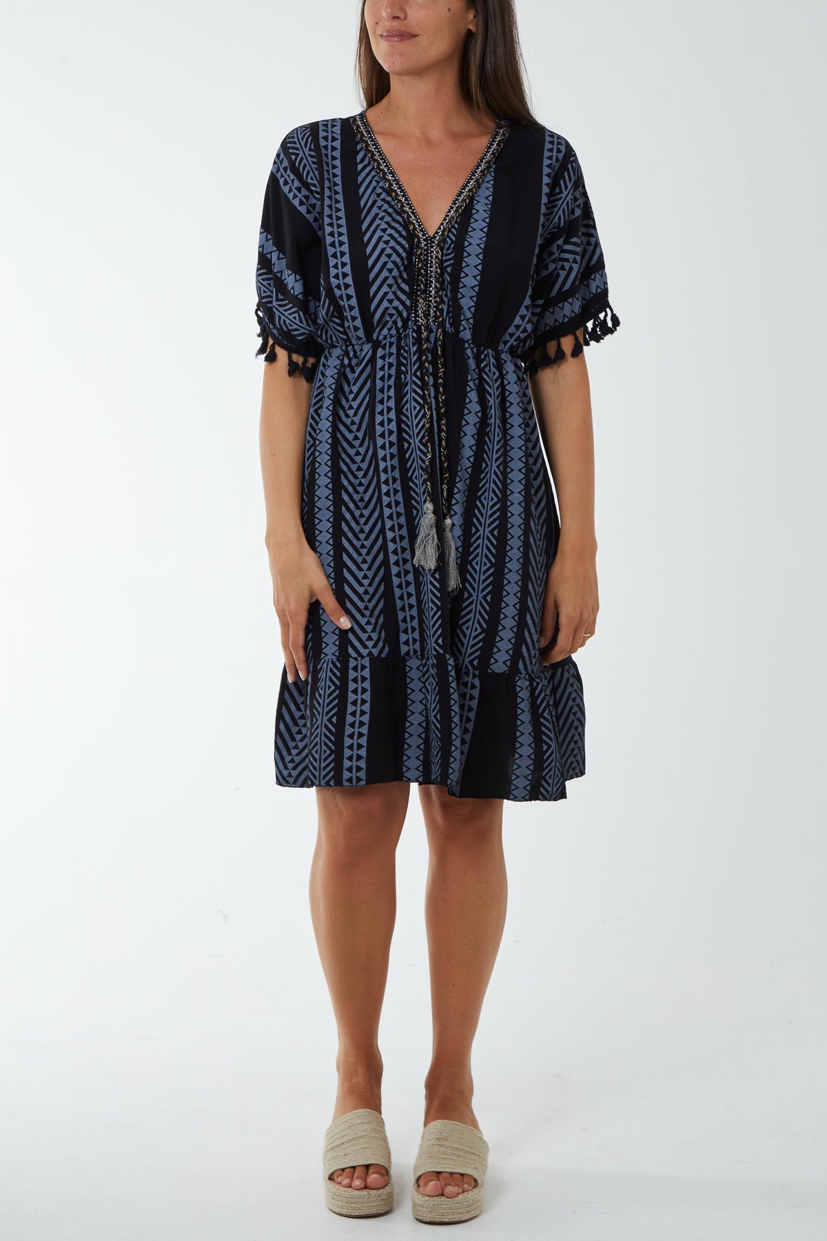 Aztec Print Mini Dress with Tassels Dresses WearAll Black One Size