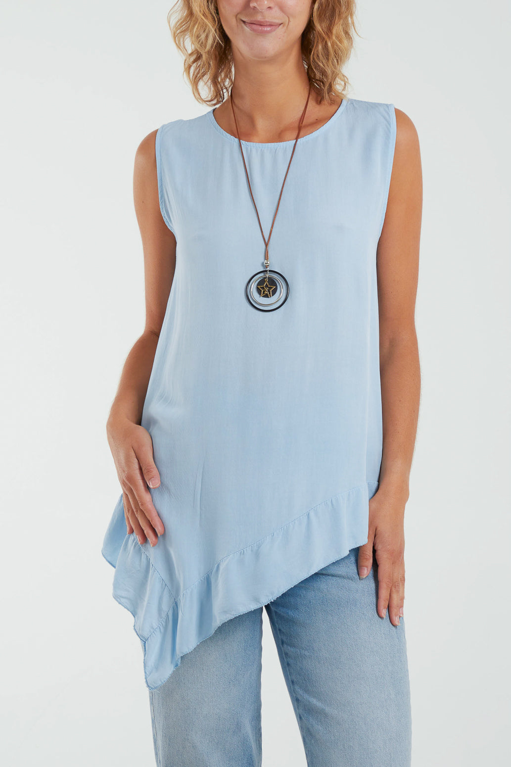 Sleeveless Asymmetric Frill Hem Necklace Top Tops WearAll Light Blue One Size