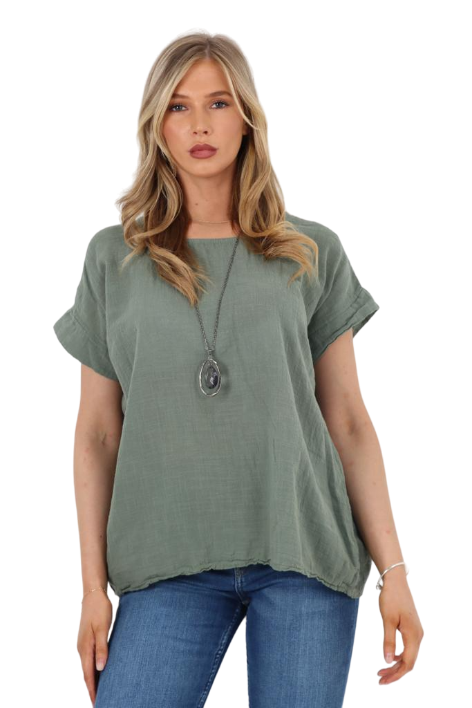 Italian Short Sleeve Necklace Top Tops WearAll Khaki 8-10