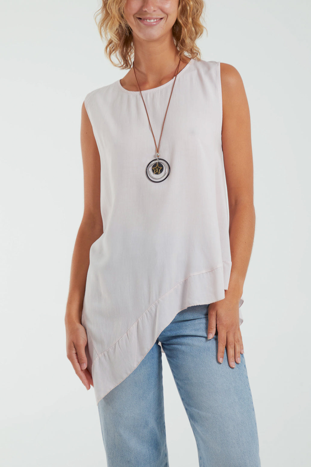 Sleeveless Asymmetric Frill Hem Necklace Top Tops WearAll Blush One Size