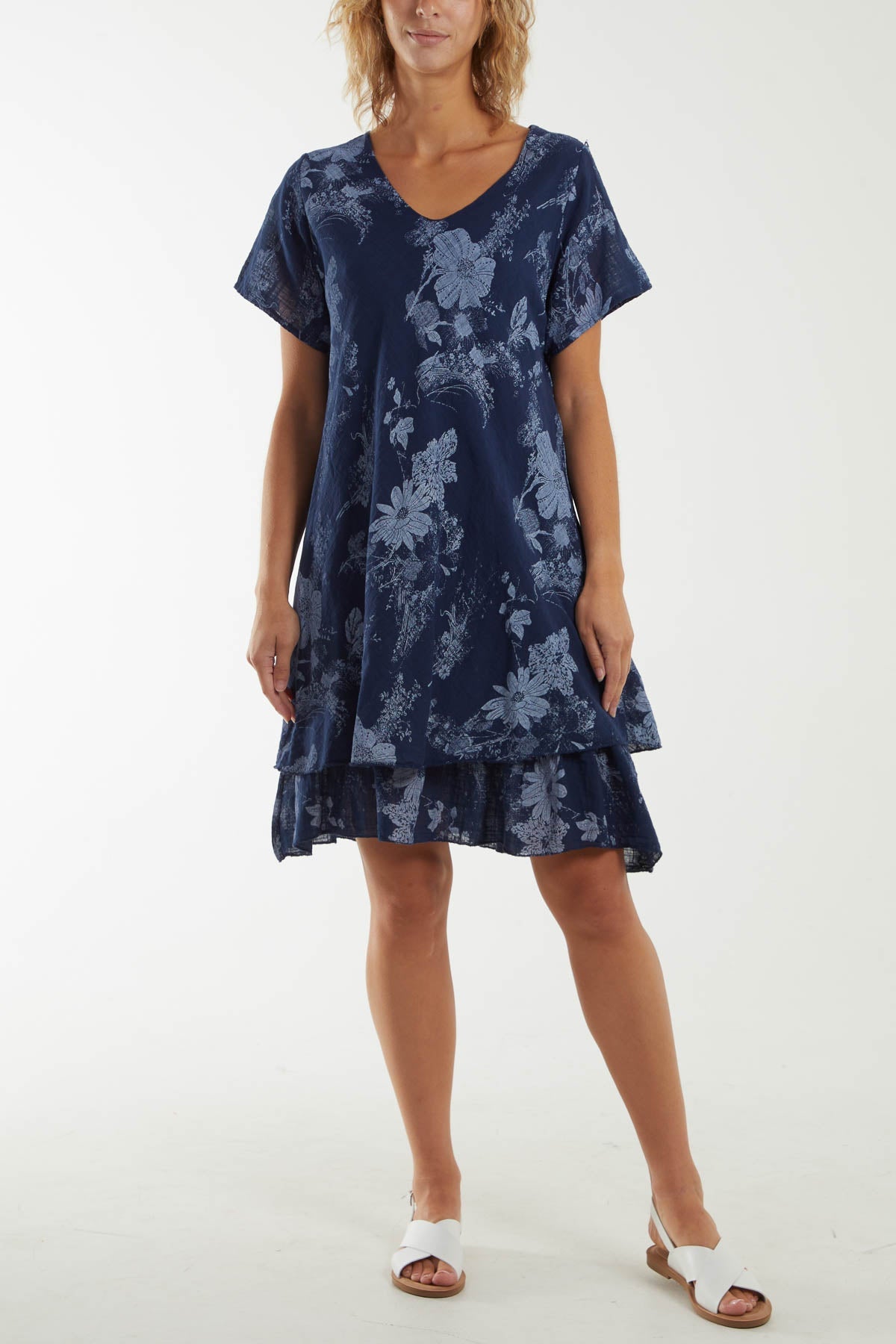Floral Double Layer Short Sleeve Dress Dresses WearAll Navy One Size