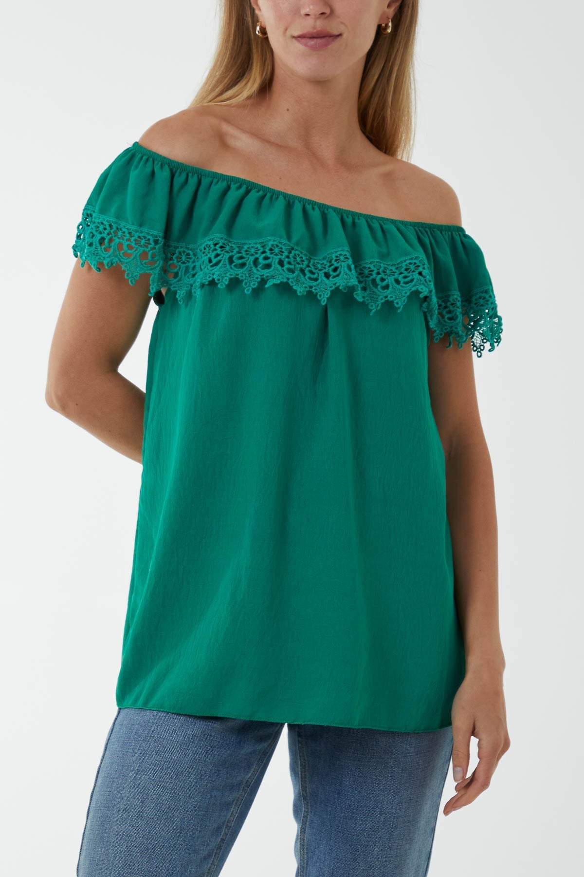 Laced Detail Frill Bardot Top Tops WearAll Jade One Size