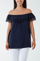 Laced Detail Frill Bardot Top Tops WearAll Navy One Size