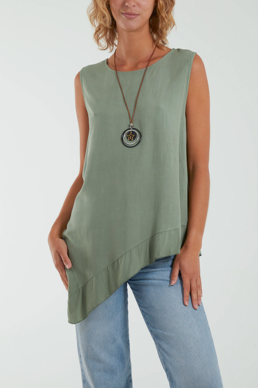 Sleeveless Asymmetric Frill Hem Necklace Top Tops WearAll Khaki One Size