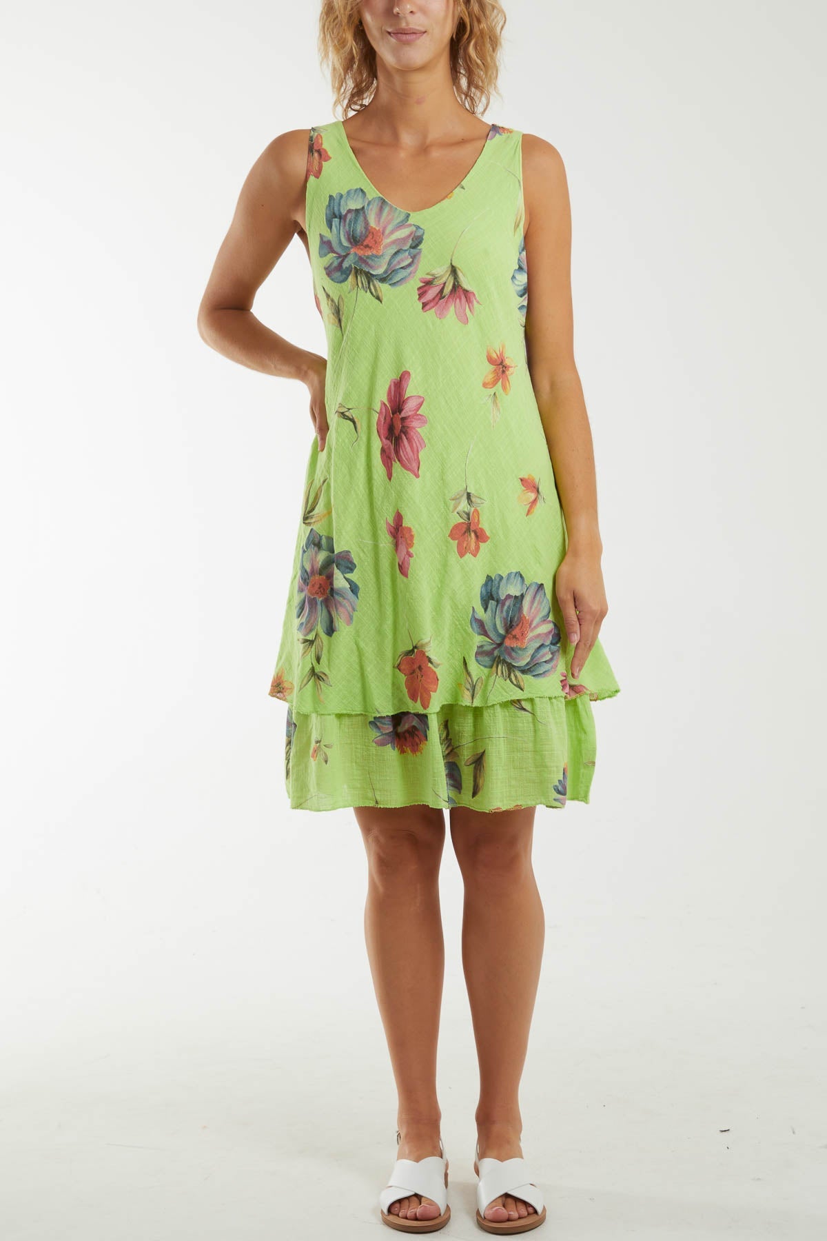 Floral Double Layer Sleeveless Dress Dresses WearAll Lime One Size