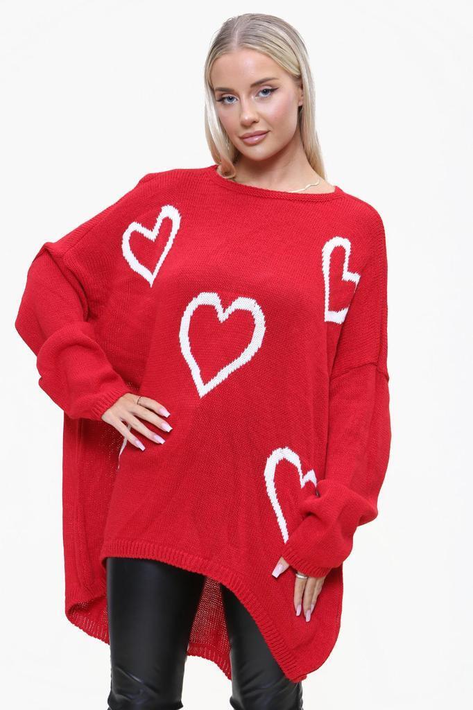 Heart Print Oversized Jumper Jumper & Cardigan WearAll Red 12-24
