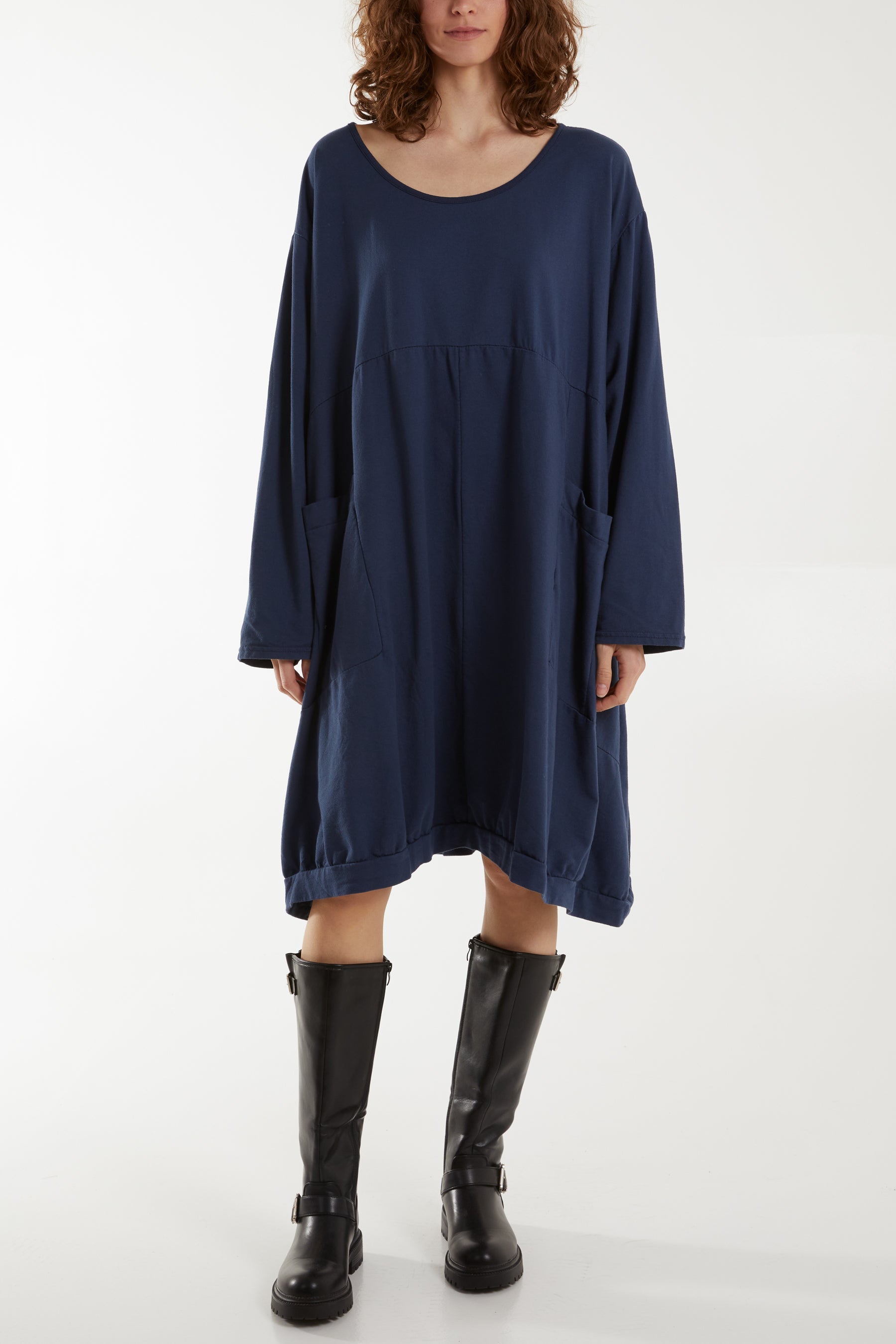 Round Neck Pocket Tunic Midi Dress Dresses WearAll Navy One Size