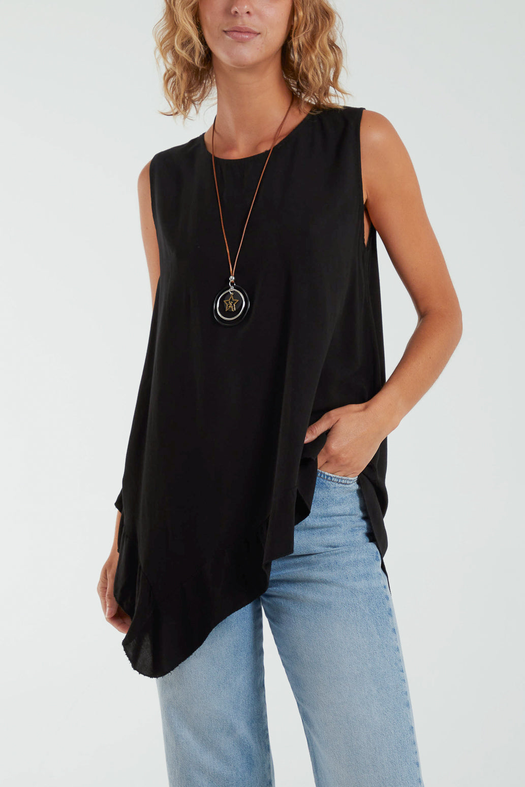 Sleeveless Asymmetric Frill Hem Necklace Top Tops WearAll Black One Size