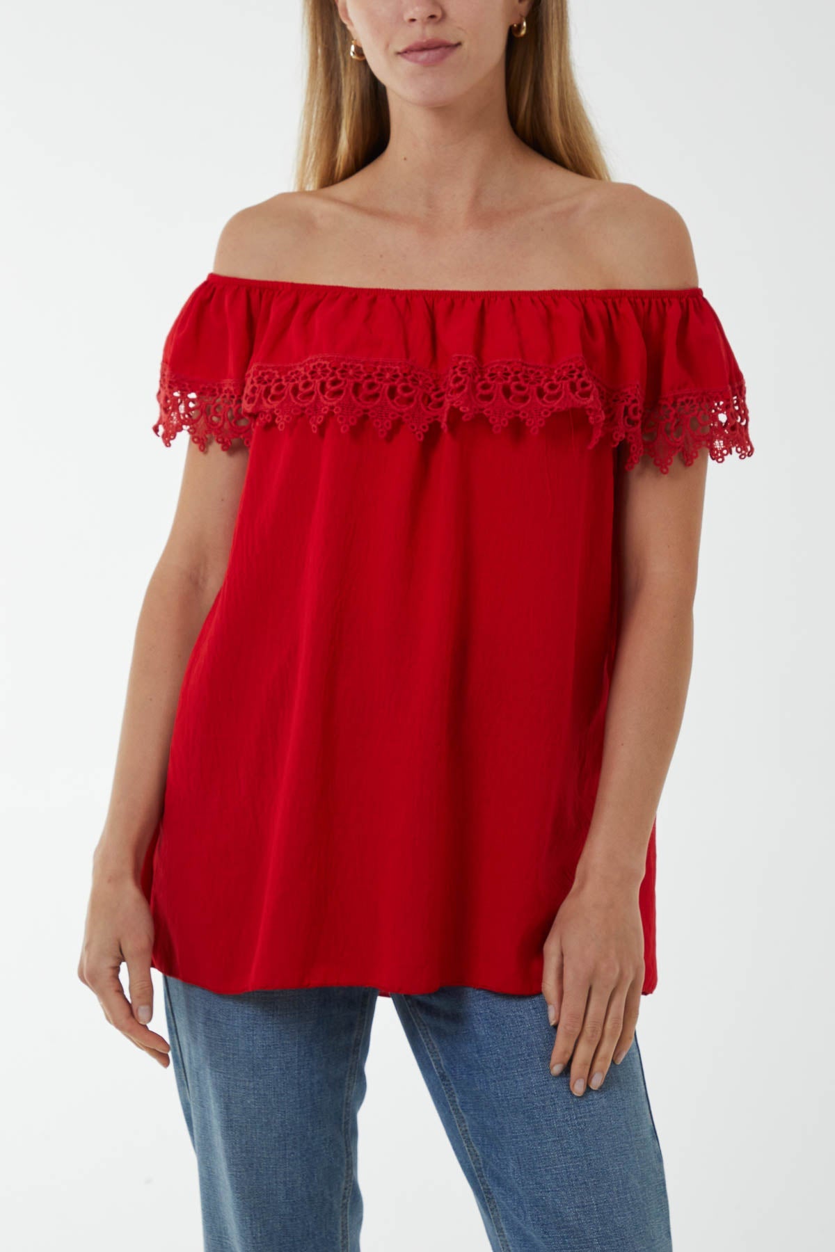 Laced Detail Frill Bardot Top Tops WearAll Red One Size