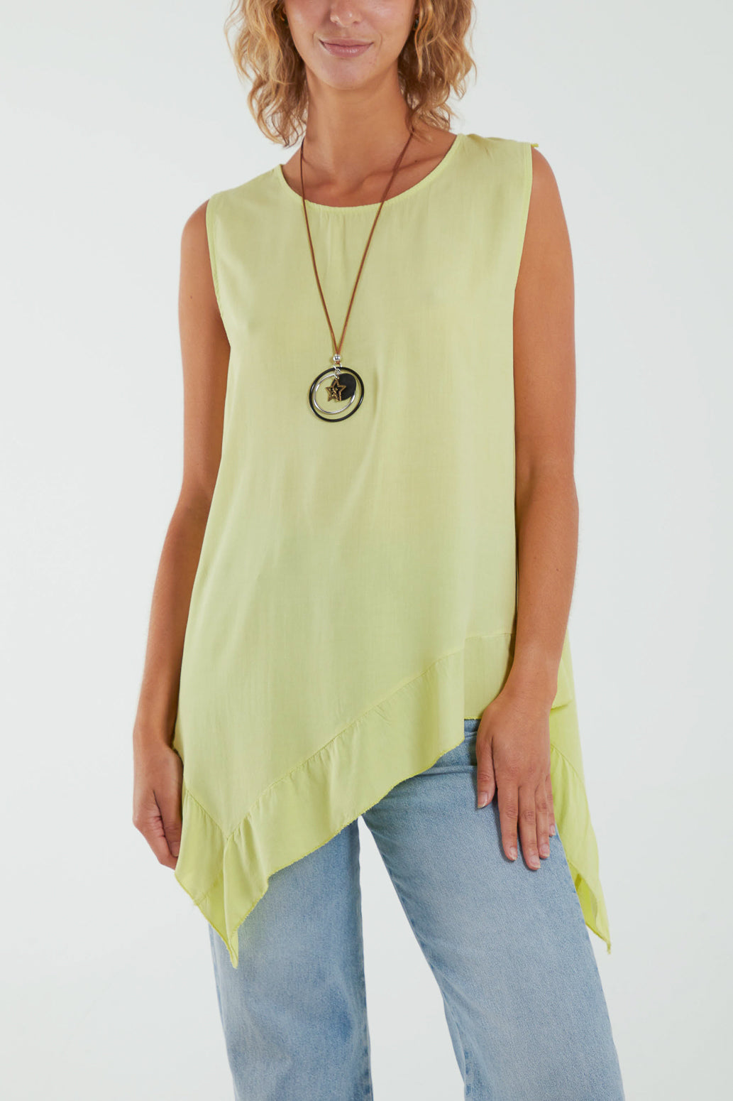 Sleeveless Asymmetric Frill Hem Necklace Top Tops WearAll Lemon One Size
