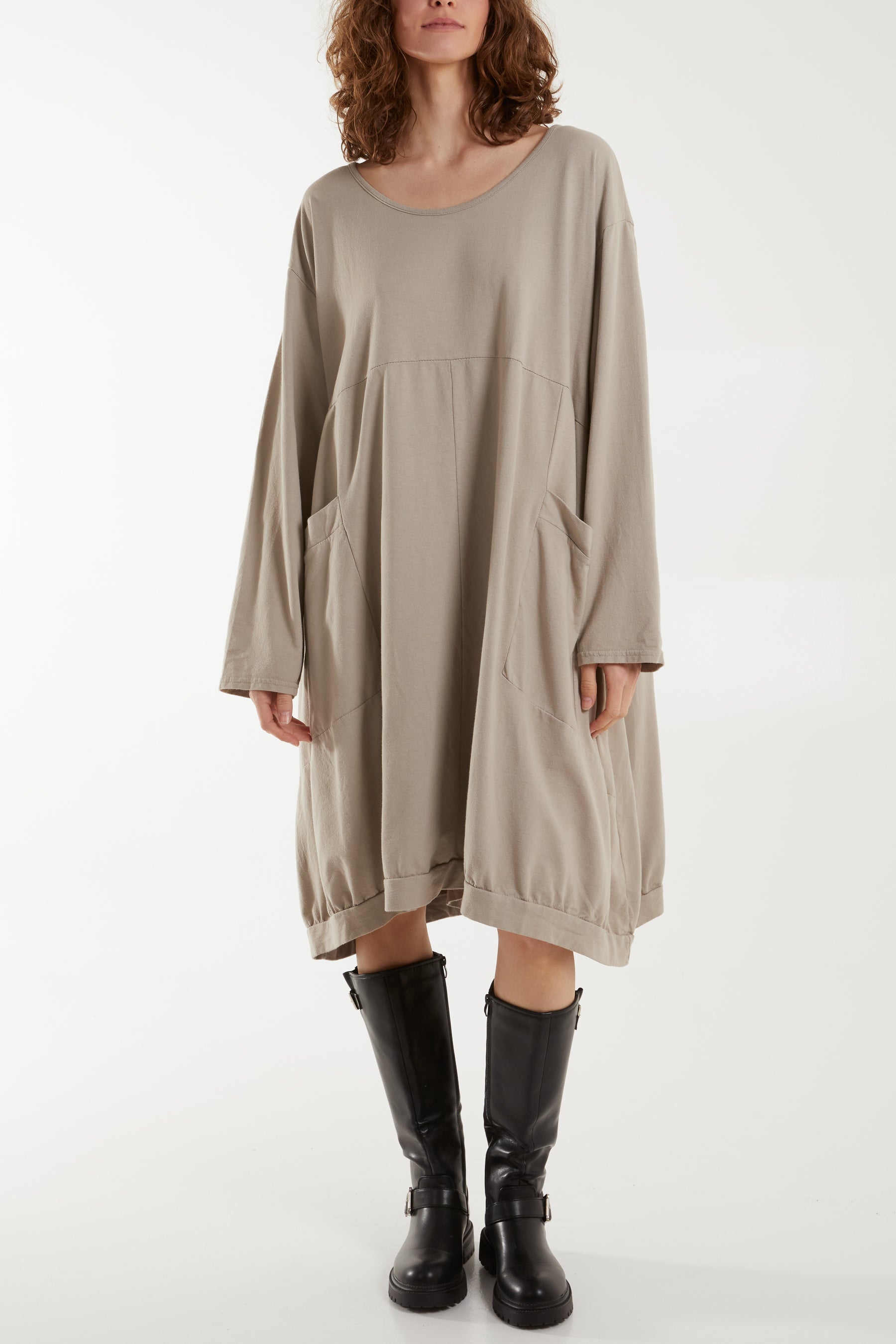 Round Neck Pocket Tunic Midi Dress Dresses WearAll Mocha One Size