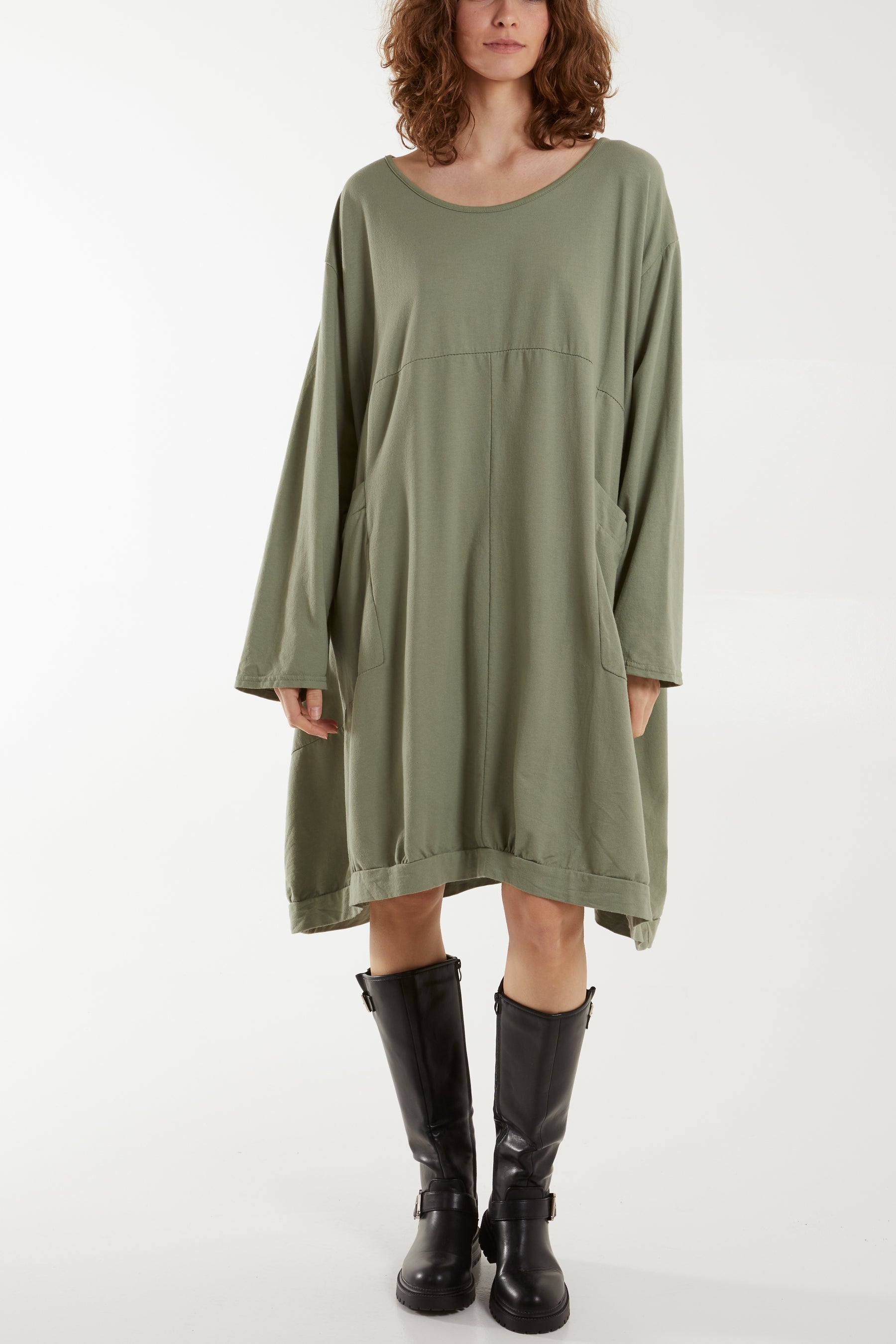 Round Neck Pocket Tunic Midi Dress Dresses WearAll Khaki One Size