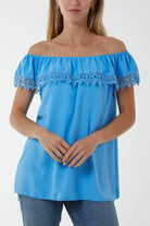 Laced Detail Frill Bardot Top Tops WearAll Blue One Size