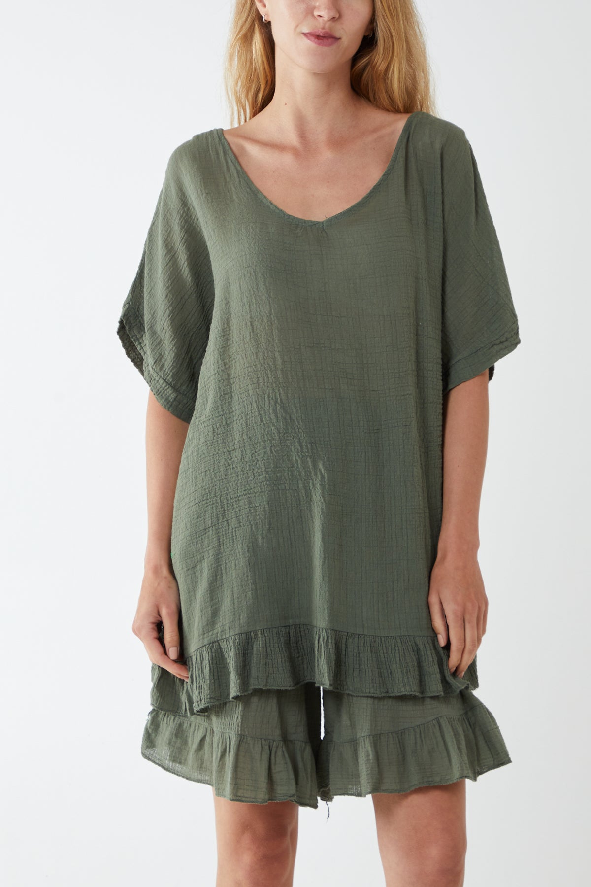 Cotton Blend Frill Hem Top & Short Set TW1 WearAll Khaki One Size