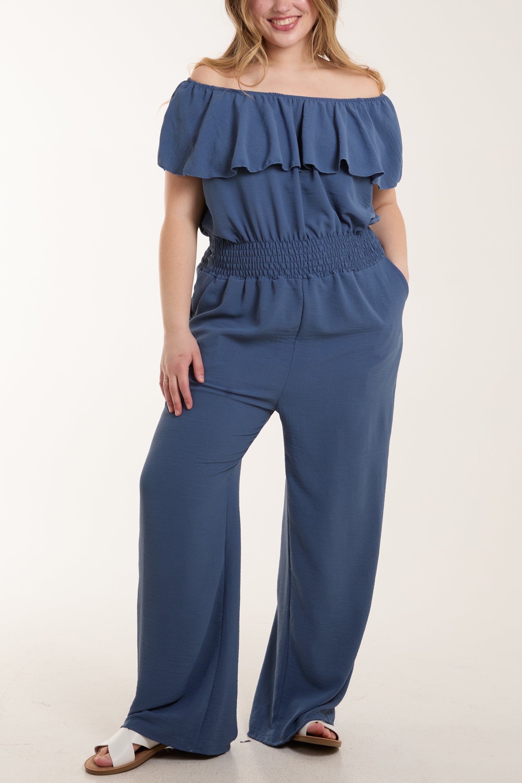 Frilled Bardot Shirred Waist Jumpsuit Jumpsuits WearAll Denim One Size
