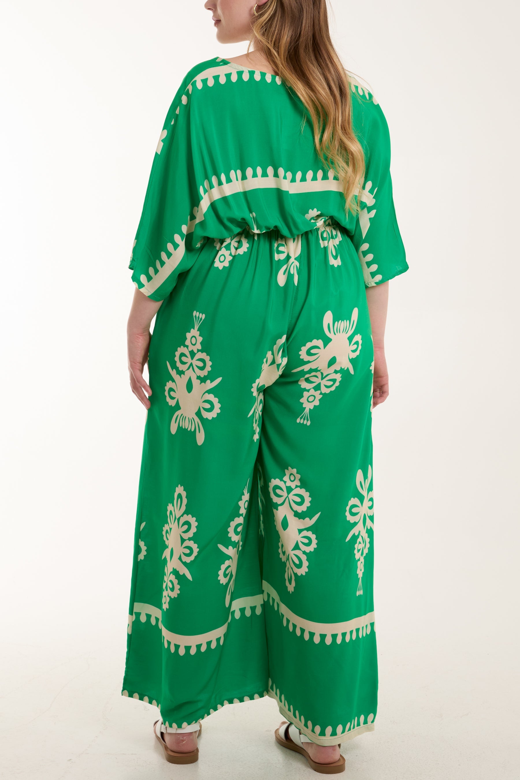 Printed V-Neck Wide Leg Jumpsuit Jumpsuits WearAll